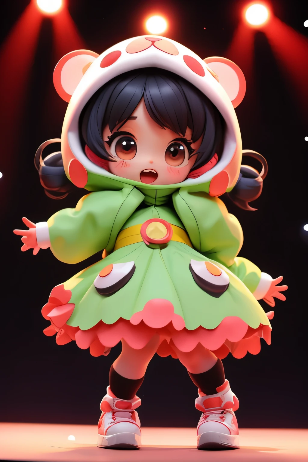 Chibi girl acting on the stage of Hero Sentai、wearing a cute monster costume