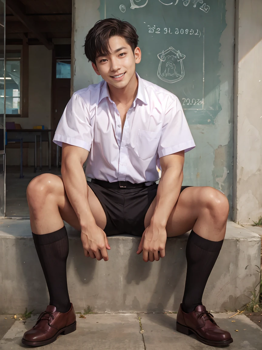 Thai male, school uniform, 18 years old, smiling, handsome, shirt not buttoned. Sitting in front of the school, full body image