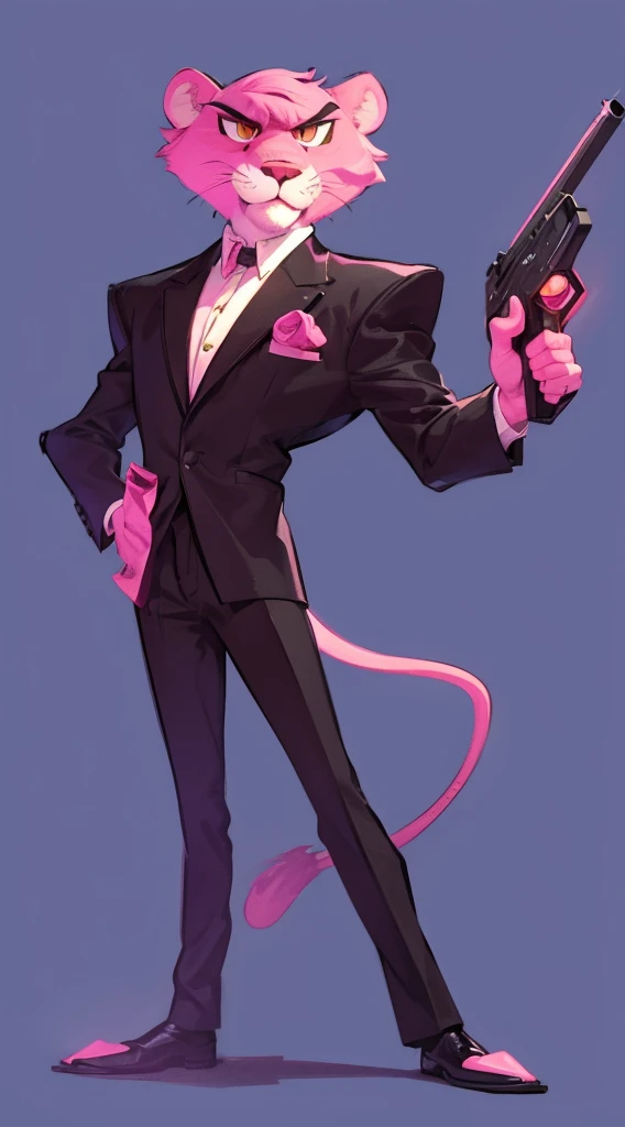 pinky panther as secret agent,pink,furry,stylized,cartoon,vector art,spy,debonair,dapper,stealthy,vigilant,confident,playful expressions,secret hidden gadgets,bulletproof vest,sunglasses, fedora hat,backpack,tracking device,tuxedo suit,black tie,classic,retro,action-packed scenes,cityscape,neon lights,rainy weather,professional,persistent,resourceful,piano background music,claw-like hands,smoky atmosphere,intense chase sequences,time-lapse animation,colorful palette,primary colors,contrast,fast-paced,comic book style,2D animation