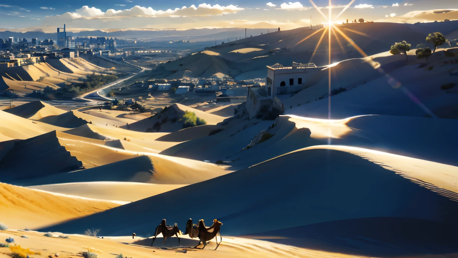 Horizonte vasto e majestoso、The big sky takes up two-thirds of the photo with a sunny sun、People riding camels side by side in the desert following the Queen of Sheba、There is the city of Jerusalem in the distance