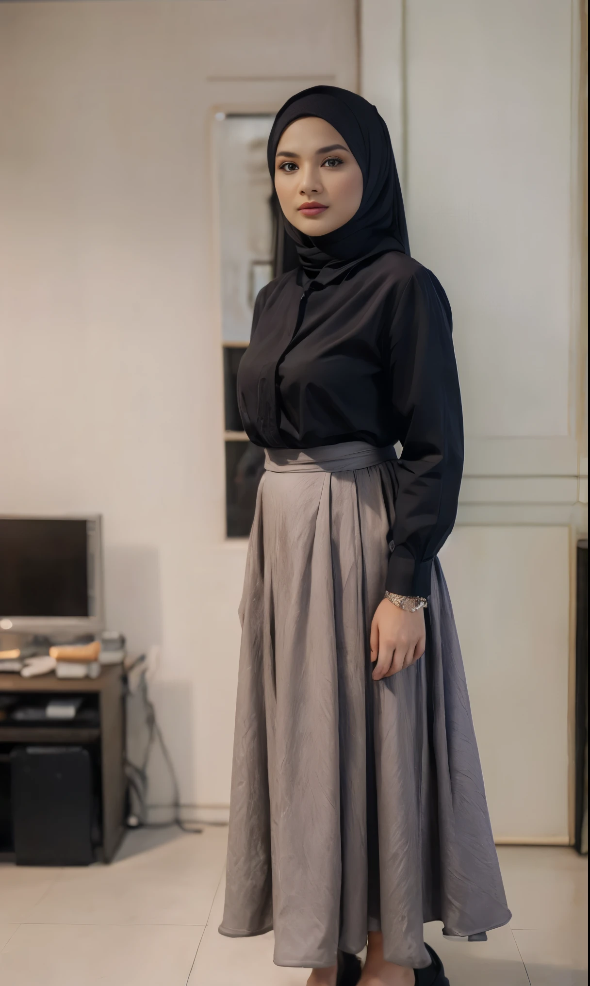 1girl,solo,medium breasts,(full body:1.2), ( casual shirt, long sleeve, long skirt:1.3),
brown hair,, best quality,masterpiece,illustration,an extremely delicate and beautiful,CG,unity,8k wallpaper,Amazing,finely detail,masterpiece,official art,extremely detailed CG unity 8k wallpaper,incredibly absurdres,huge filesize,ultra-detailed,highres,extremely detailed,beautiful detailed,
(standing:1.4), (wearing hijab:1.4),