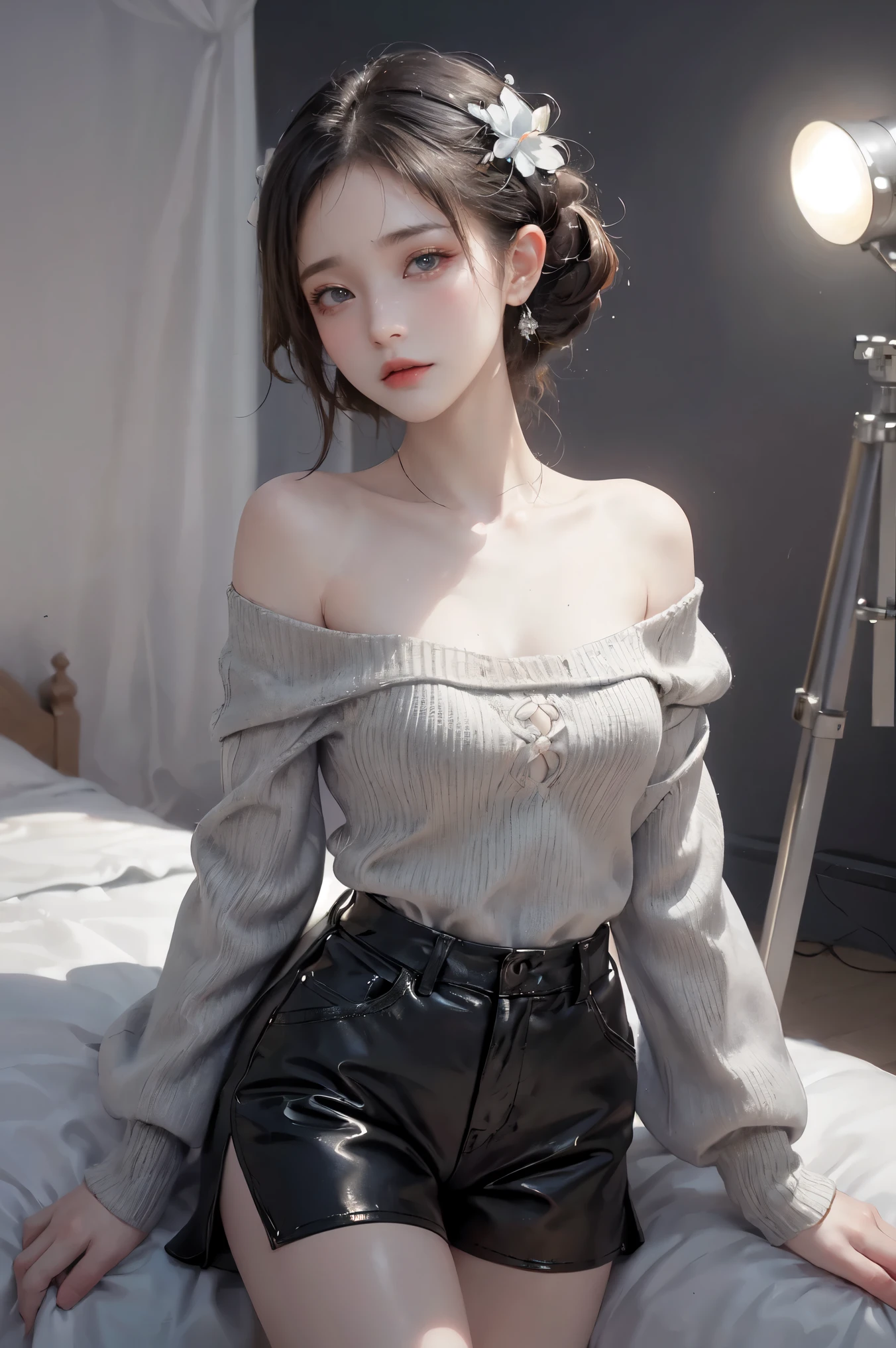 side slate), best quality, Very detailed, (watercolor), bloom, Exquisite and beautiful, illustration, (from below),(1 girl:1.4), (alone:1.2), big breasts, (ribbed sweater:1.3), off shoulder sweater, (shorts:1.2), bare shoulders, (Lower chest), ((dark skin:0.8)), beautiful eyes, (disheveled hair ), photography, over the shoulder shot, by Alex Maleev, professional, canon camera, Nikon camera, sharp, Bokeh, Studio quality, Fisheye lens, Robert Capa ,SLR camera