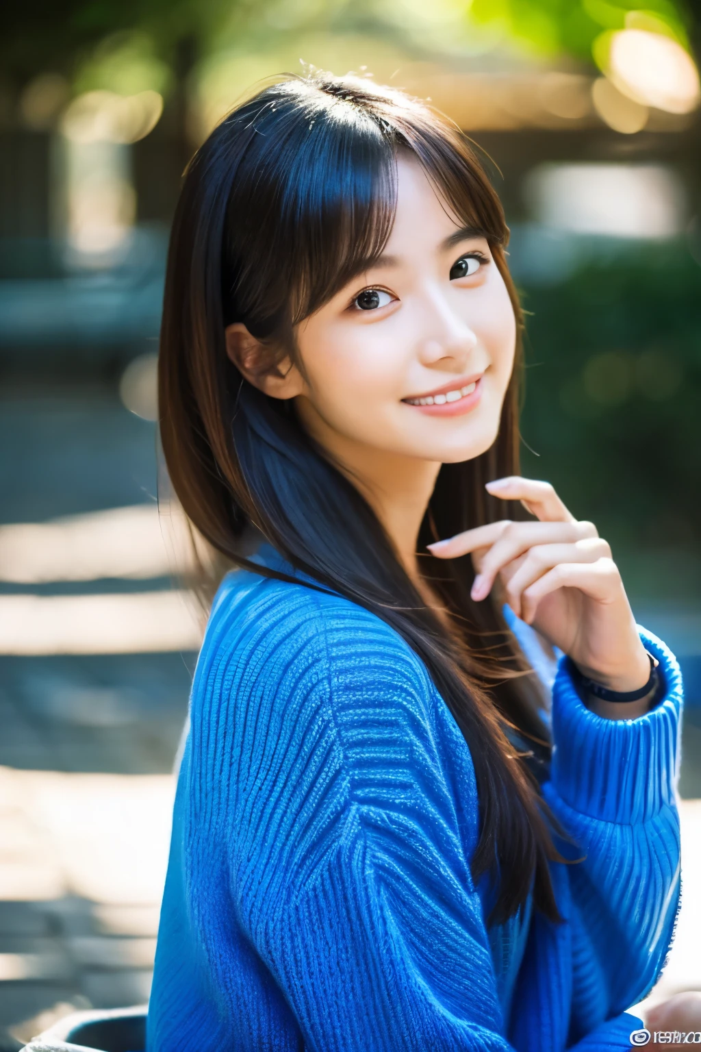 japanese model, beaultiful girl gender,photo style, portrait layout, from front angle, upper body focus, direct eye contact, smiling facial expression, zoo in background, morning time, shiney sun brightness, sitting pose, wearing blue knit sweater, beautiful composition, cinematic lighting, extremely detailed, 8k, cinematic postprocessing, {{bad fingers,bad-anatomy,missing-fingers}}, {{signature,watermark,username,artist name}}, {{retro style,poor-quality}}
