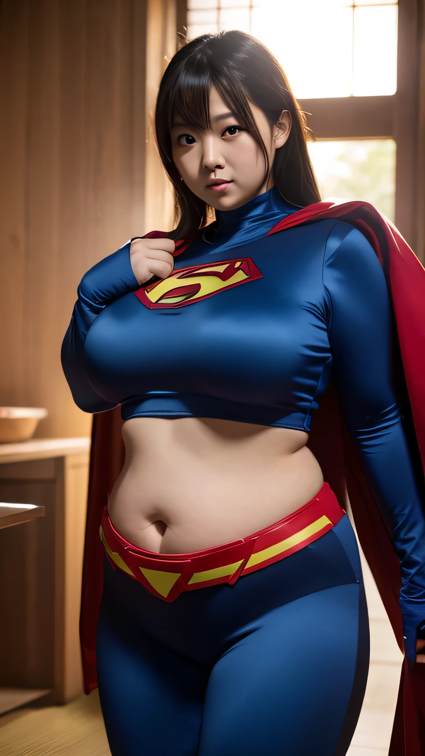1 female, Overweight, superhero costume, Extremely fat, Chubby, Japanese, 4k, High resolution, masterpiece, highest quality, fine skin, sharp focus, (cinematic lighting)