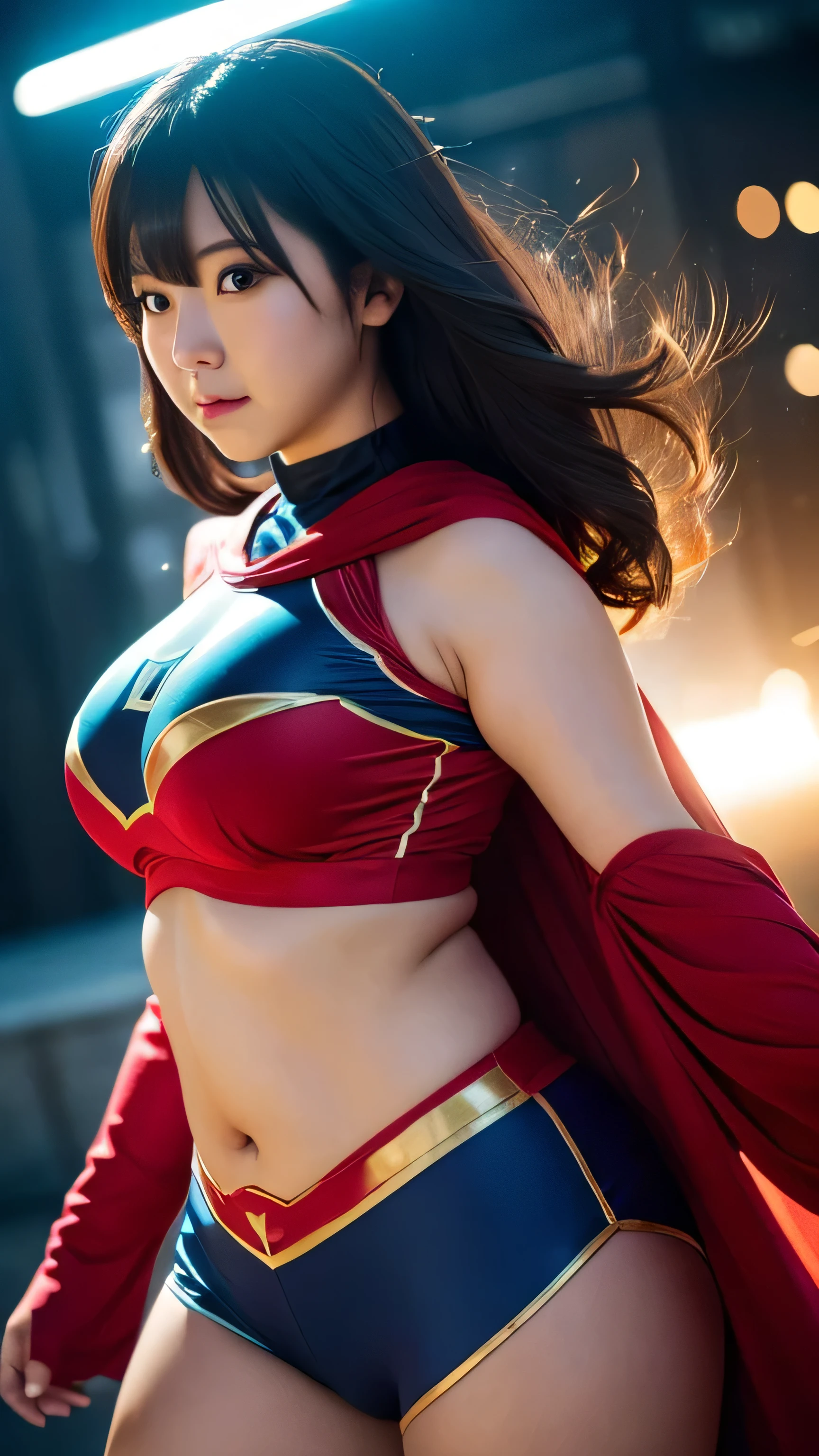 1 female, Overweight, superhero costume, Extremely fat, Chubby, Japanese, 4k, High resolution, masterpiece, highest quality, fine skin, sharp focus, (cinematic lighting)