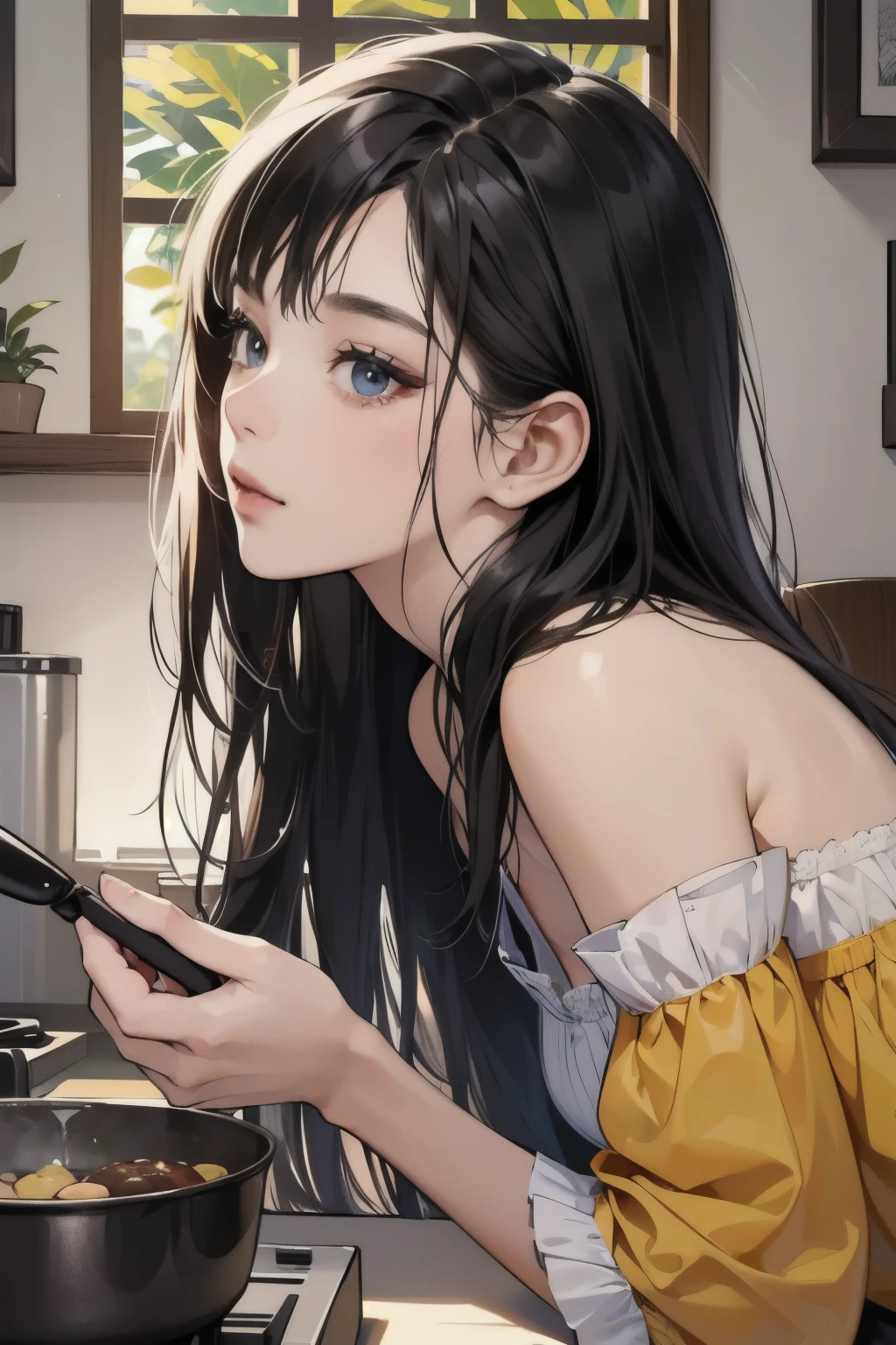 (table top, digital art, digital illustration, 4k, 8k, Super detailed, beautiful images, clear image, realistic, RAW photo, perfect face, perfect lines, perfect eyes, soft lighting) woman1名, (long black hair,straight hair,bullish look,beautiful woman,woman、Make up well,23歳woman,small breasts:1.3),スーツ姿のハンサムなhuman性2人, (human,human性はスーツ姿,muscular,solid shoulder width, humanの,boyish hairstyle,English gentleman'Style,クールな表情の30代human性,明るい笑顔の28歳human性:1.2),Light-filled living room、bed、lace nightgowns、kissをしている、kiss、couple、couplekiss、romance、sex、kitchen、Cooking、Sunny Side Up、frying pan