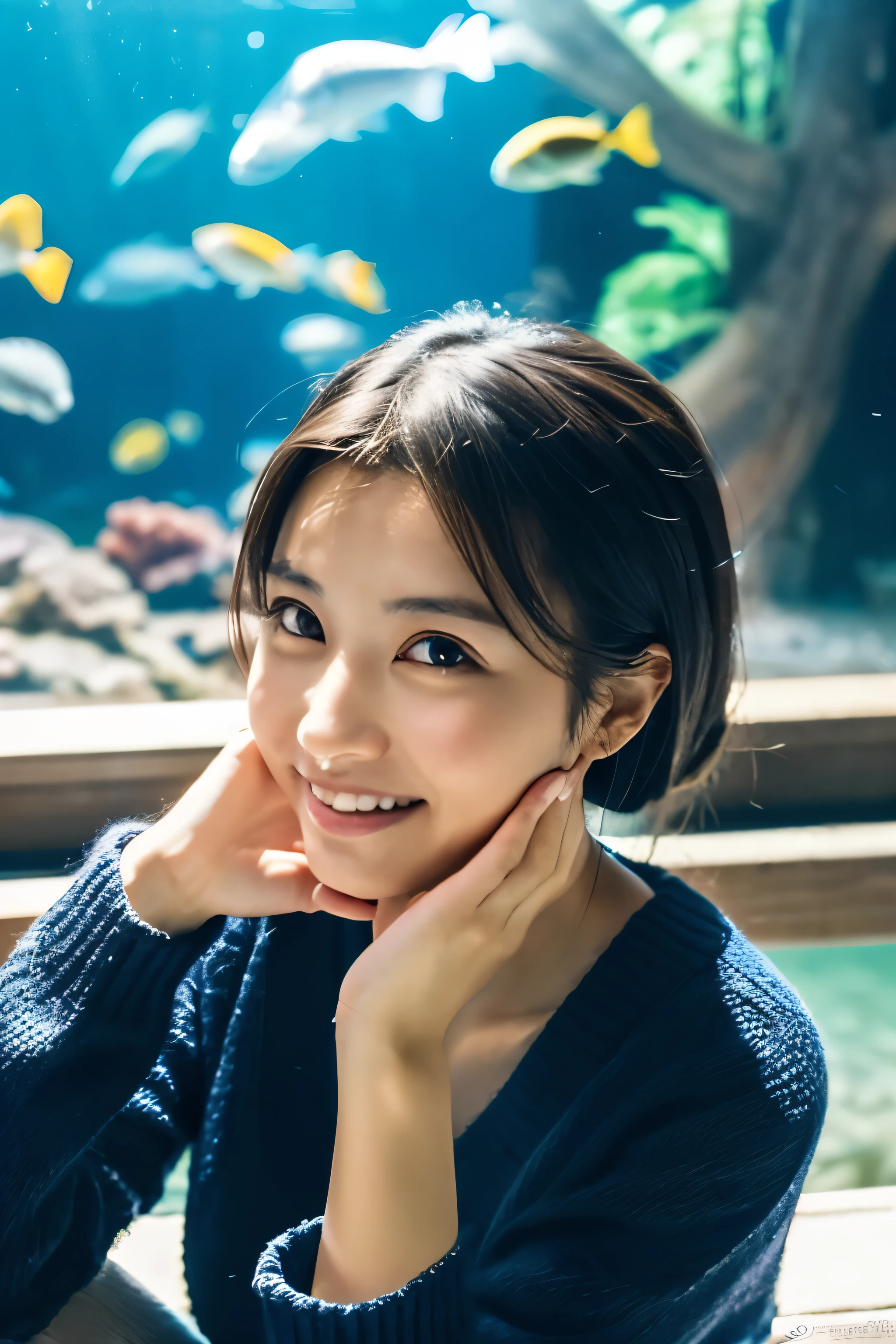 japanese model, beautiful girl sex,photo style, portrait layout, from the front angle, focus on upper body, direct eye contact, smiling face, background aquarium, morning time, The brightness of the shining sun, sitting pose, wearing a black knit sweater, beautiful composition, cinematic lighting, very detailed, 8k, movie post-processing, {{bad finger,bad anatomy,missing fingers}}, {{sign,watermark,username,artist name}}, {{retro style,poor quality}}
