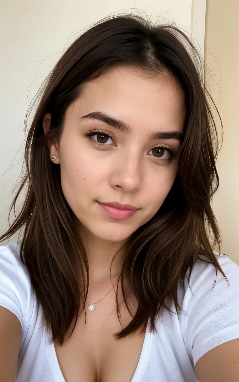genera una selfie de una chica de tez blanca, with brown hair and who is young, que tenga una pose muy comun y los colores sean alegres, que tenga detalles realistas