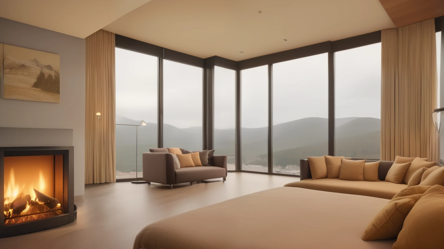 Beautiful spacious room with very large windows on a high floor. The room had a large fireplace with a lit fire, a large sofa in front of the fireplace, and a stylish stool next to it.
Beautiful scenery outside the large windows.
A sophisticated and bright room.
Cinema style
A stylish hotel-like room.