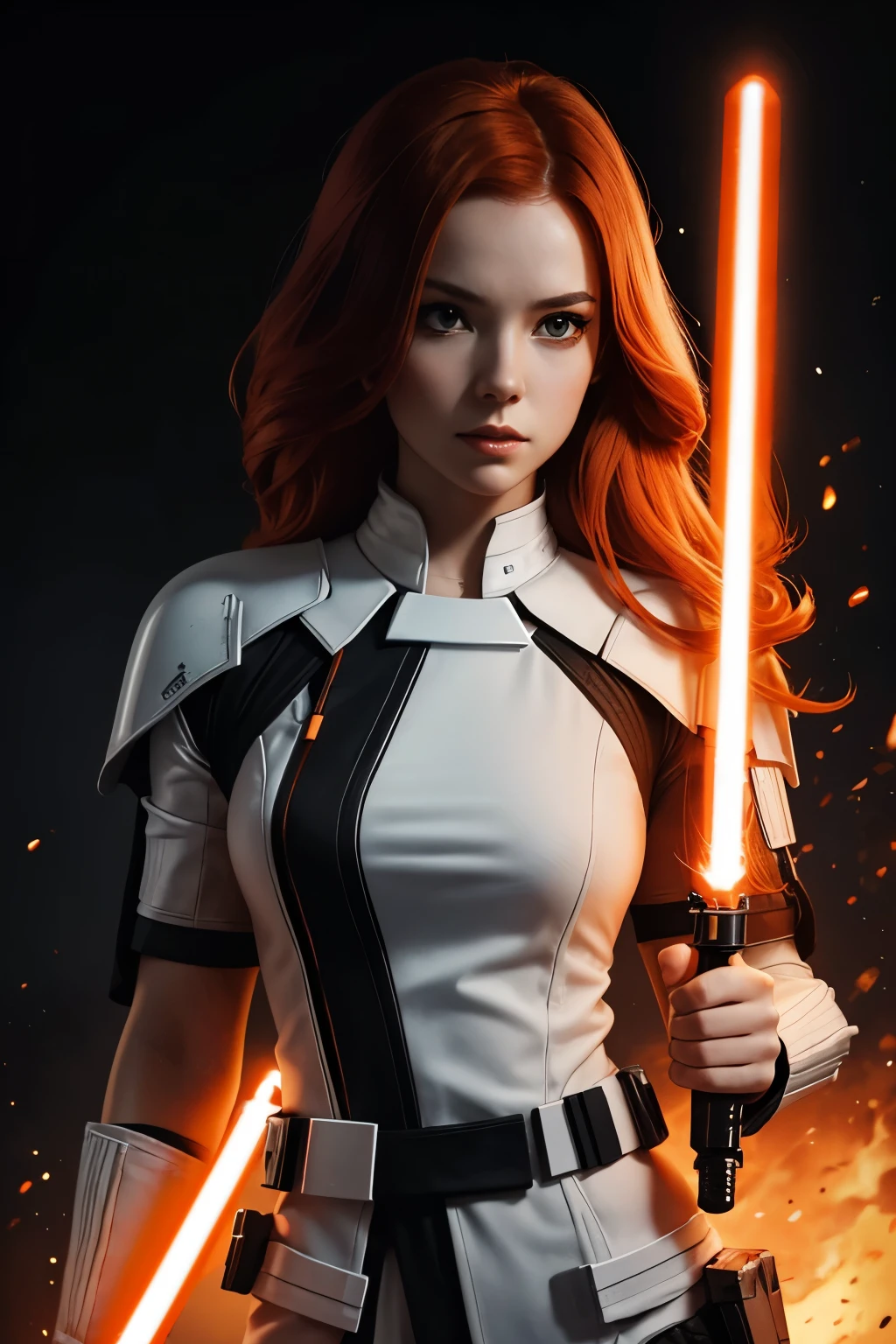 portrait of young woman, redhead, white skin, black outfit, star wars character, using a dual lightsaber fire orange color
