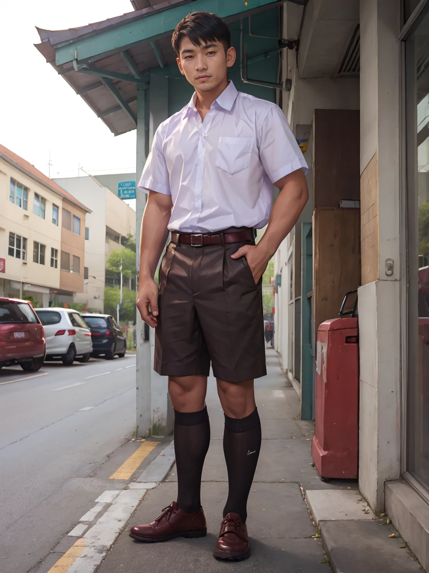 Thai man, school uniform, 18 years old, handsome, takes off his shirt, stands in front of the school, full body photo.