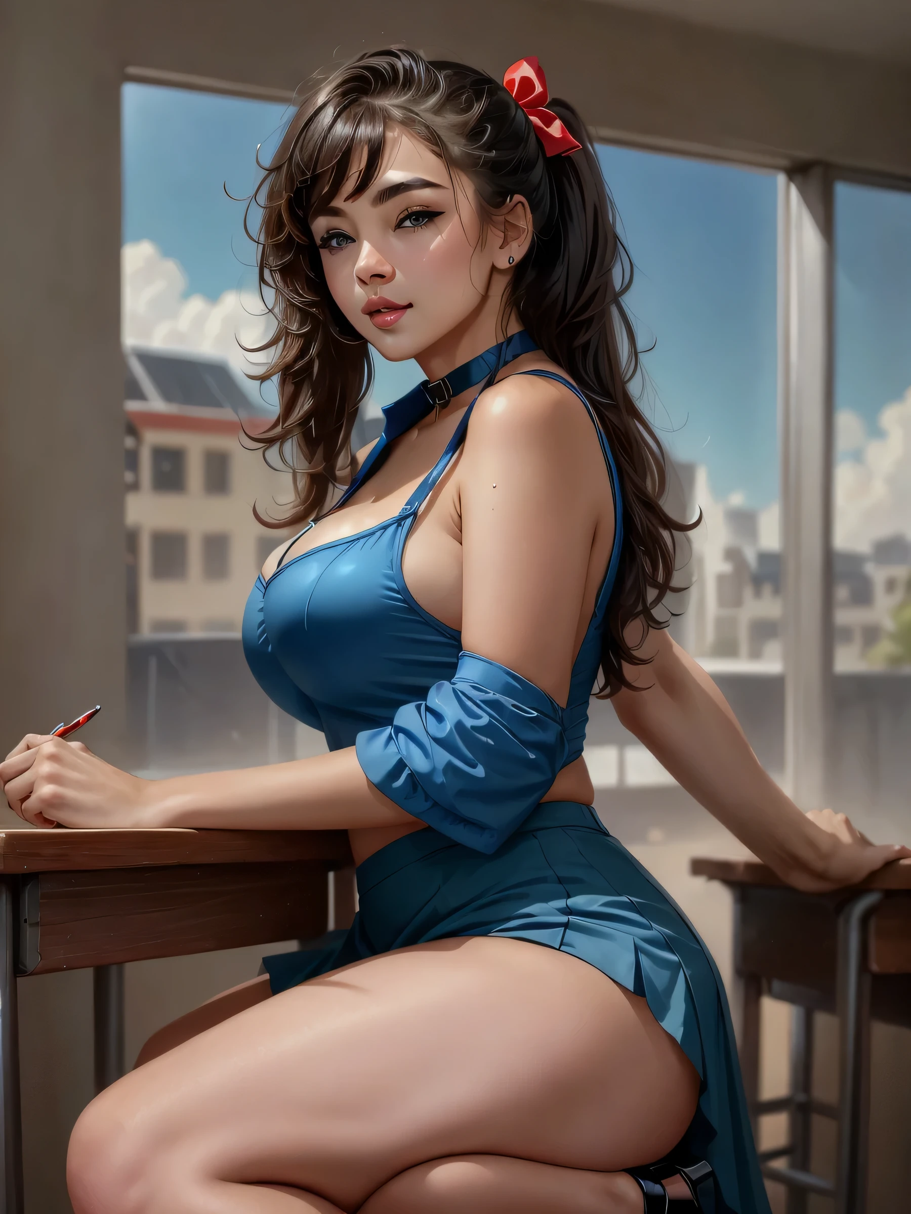 realistic , (masterpiece, best quality),(solo) ,(Milf), Linda Cardellini as Velma in Scooby-Doo, tight tubetop, [brown|purple|black hair], long hair, hair bow, hair ribbon, ponytail, makeup, blue eyes, ,choker, blue suit, pencil skirt, black thighhighs, high heels, school, classroom, blackboard,
