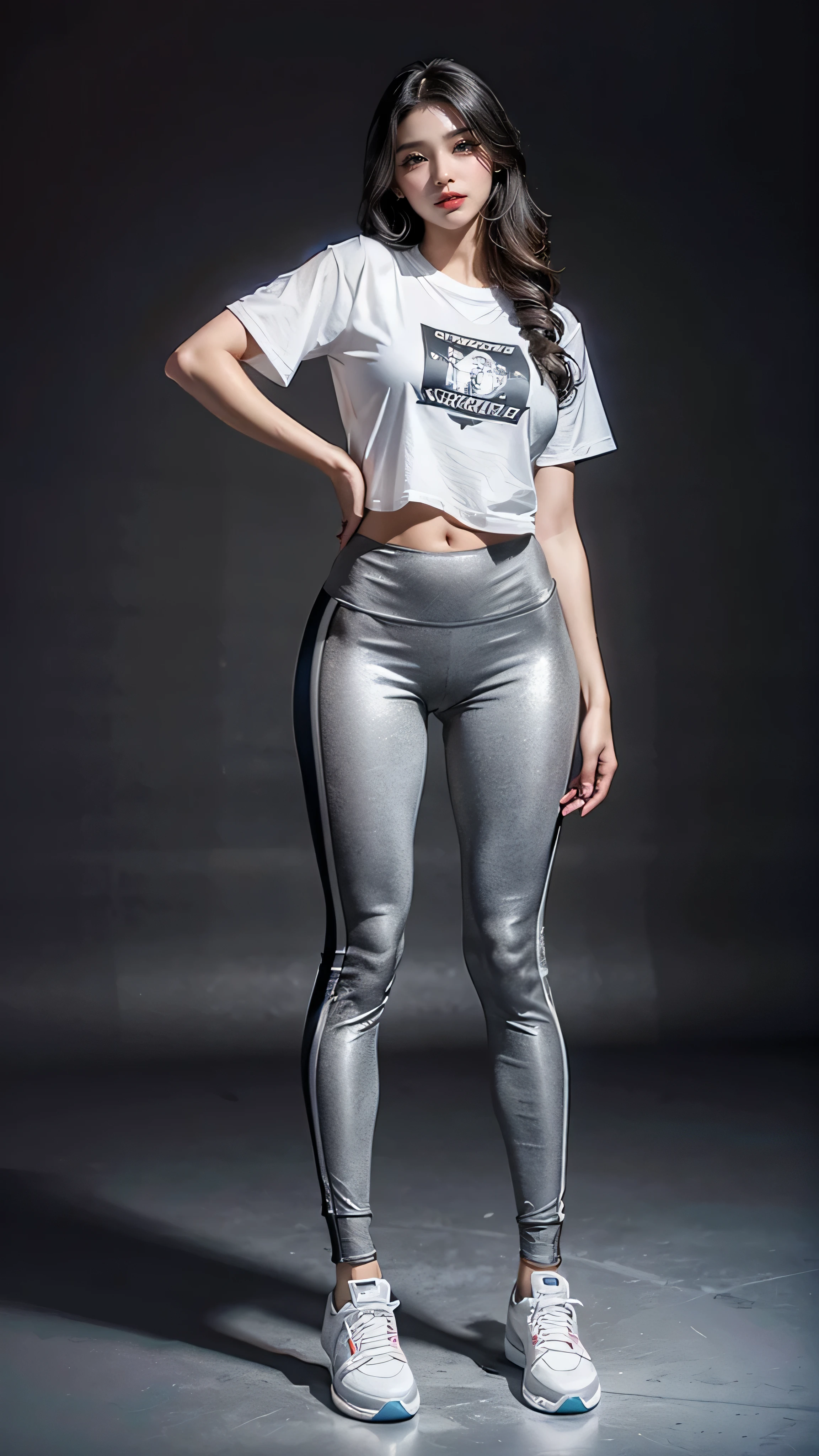 (masterpiece, best quality, realistically, Work, super detailed, 8k), ((Wide-angle lens, Full body female love)), 1 girl,Light makeup,Exquisite facial features,Smile,Exquisite hairstyle, long hair,big breasts,Correct finger structure,striped short sleeve T-shirt,yoga pants,sports shoes,front standing posture ,facing the audience,full body portrait,gray background,nothing in the background