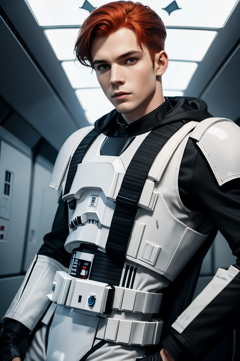 portrait of young man, redhead, white skin, black outfit, star wars character, pilot outfit
