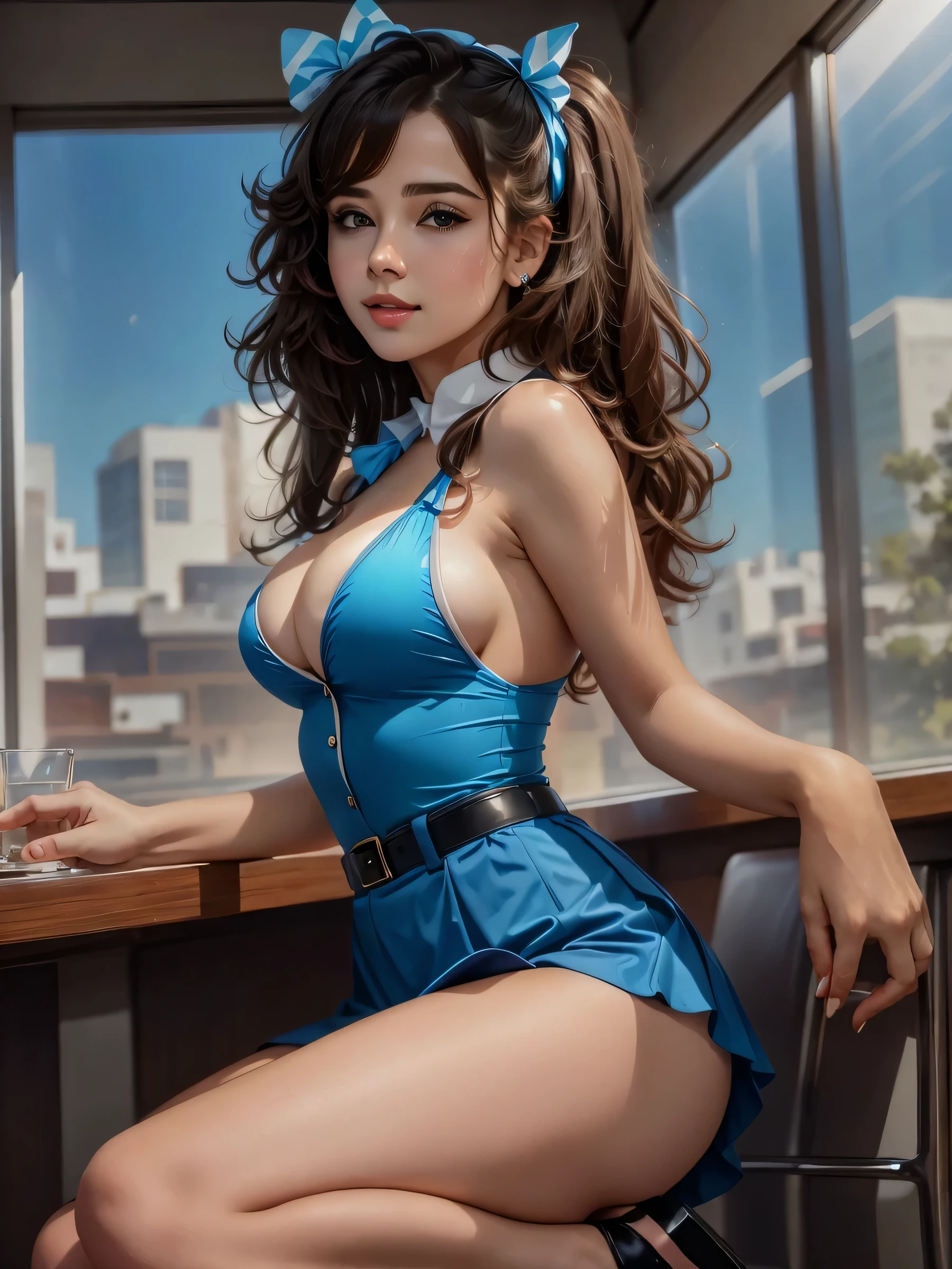 realistic , (masterpiece, best quality),(solo) ,(Milf), Linda Cardellini as Velma in Scooby-Doo, tight tubetop, [brown|purple|black hair], long hair, hair bow, hair ribbon, ponytail, makeup, blue eyes, ,choker, blue suit, pencil skirt, black thighhighs, high heels, school, classroom, blackboard,

