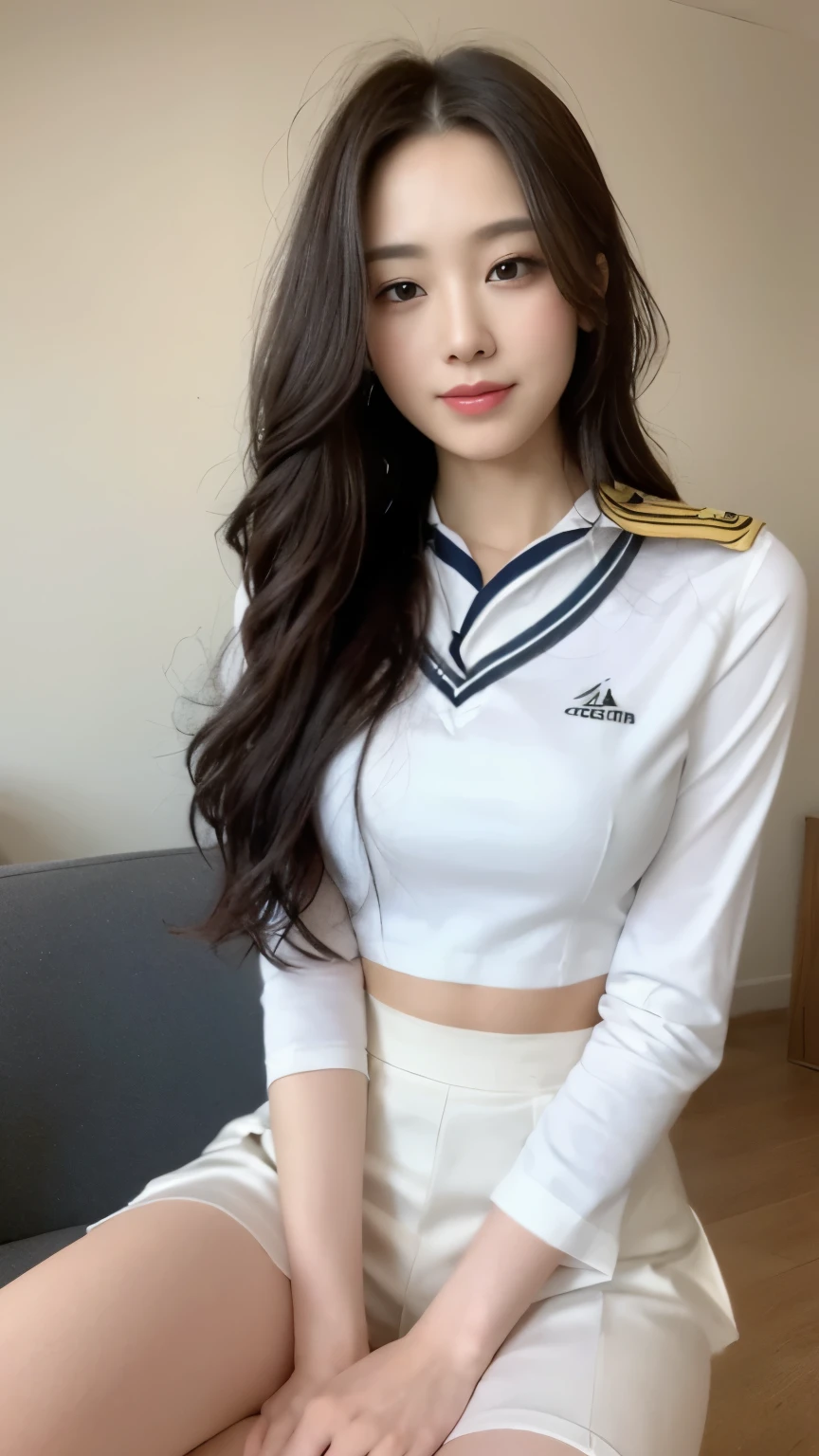 ((top-quality、8k、​masterpiece:1.3))、Beautiful woman with perfect body:1.4、slim abdomen:1.2、Longhair, normal breast, Highly detailed facial and skin texture, A detailed eye, delicate eyes, double eyelid, (smile), (full body shot), ((office)), (sitting on chair), (((wearing white uniform)), looking in front, food