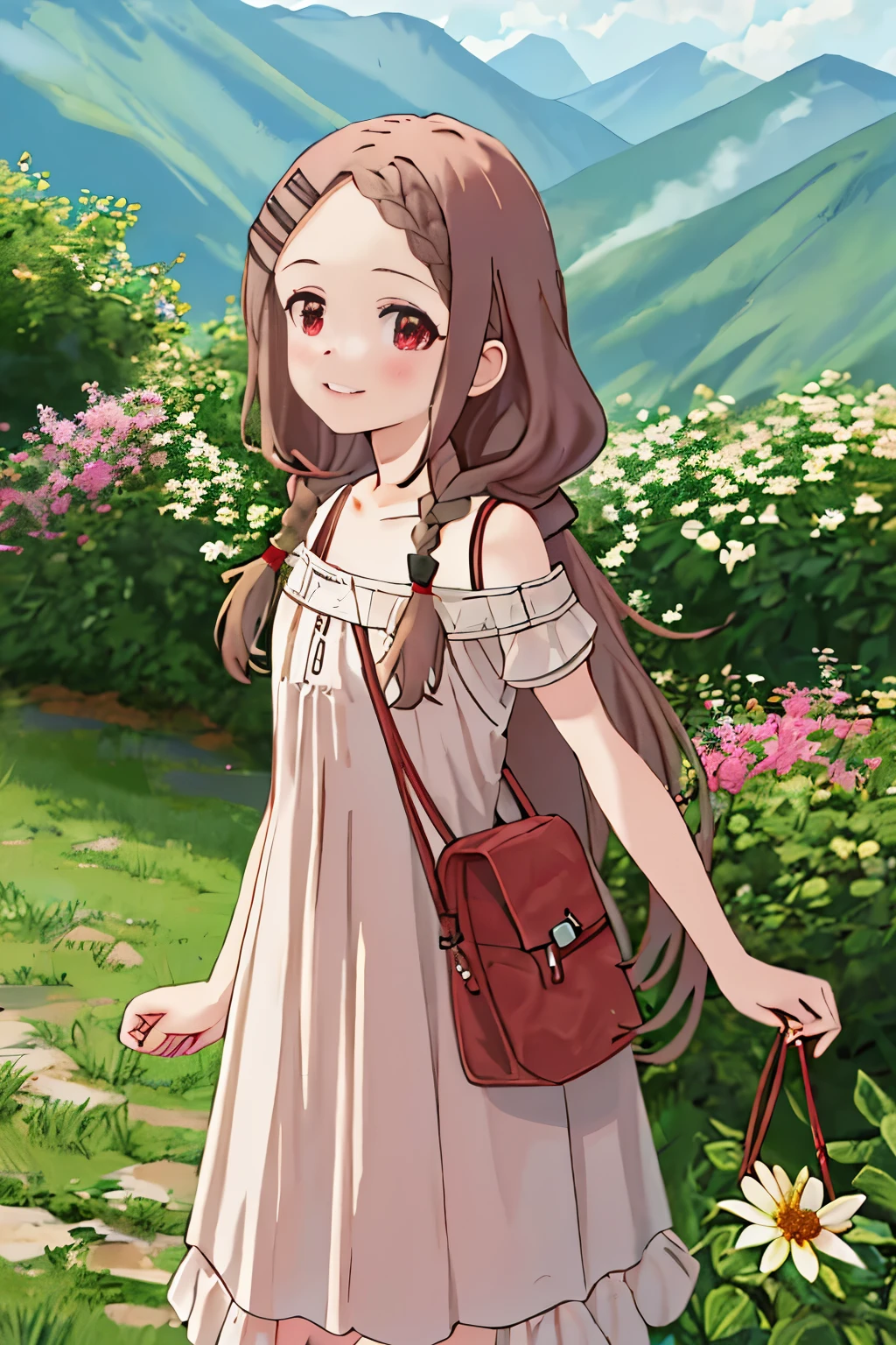 highest quality, masterpiece, High resolution, 一人in, {Aoba_cocoon_encouragement for mountain climbing:1.15}, Brown_hair, red面, length_hair, hair_ornament, hairclip, Braid, Braided_前hair, smile, flower, hair_flower, outdoors, red_eye, 1 girl, just_shoulder, dress, looking for_in_viewer