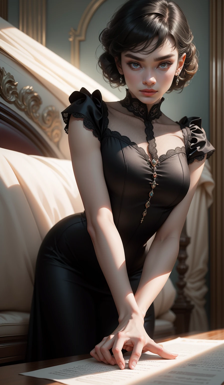 (Masterpiece - Ultra-Detailed, High Resolution) Prepare to be enchanted by a true masterpiece that combines ultra-detailed art with high-resolution rendering. This work shows a mesmerizing woman, with short, black hair, 1928s style,  Audrey Hepburn (1.3) and captivating dark brown eyes (1.2), New York illustration style, wearing red lipstick, emanating an aura of elegance and mystery. Wearing classic victorian dress 1928s clothing.  Intricate details and realistic textures invite you to explore every aspect of this enchanting composition. Black dress. reading, writing, walking, backwards, lying down, standing, dynamic poses, mouth closed. Different posture , dynamic poses, mouth closed. Different posture, with chin resting on shoulder. Perfect fingers. Get ready to dive into a world where beauty and craftsmanship merge perfectly.