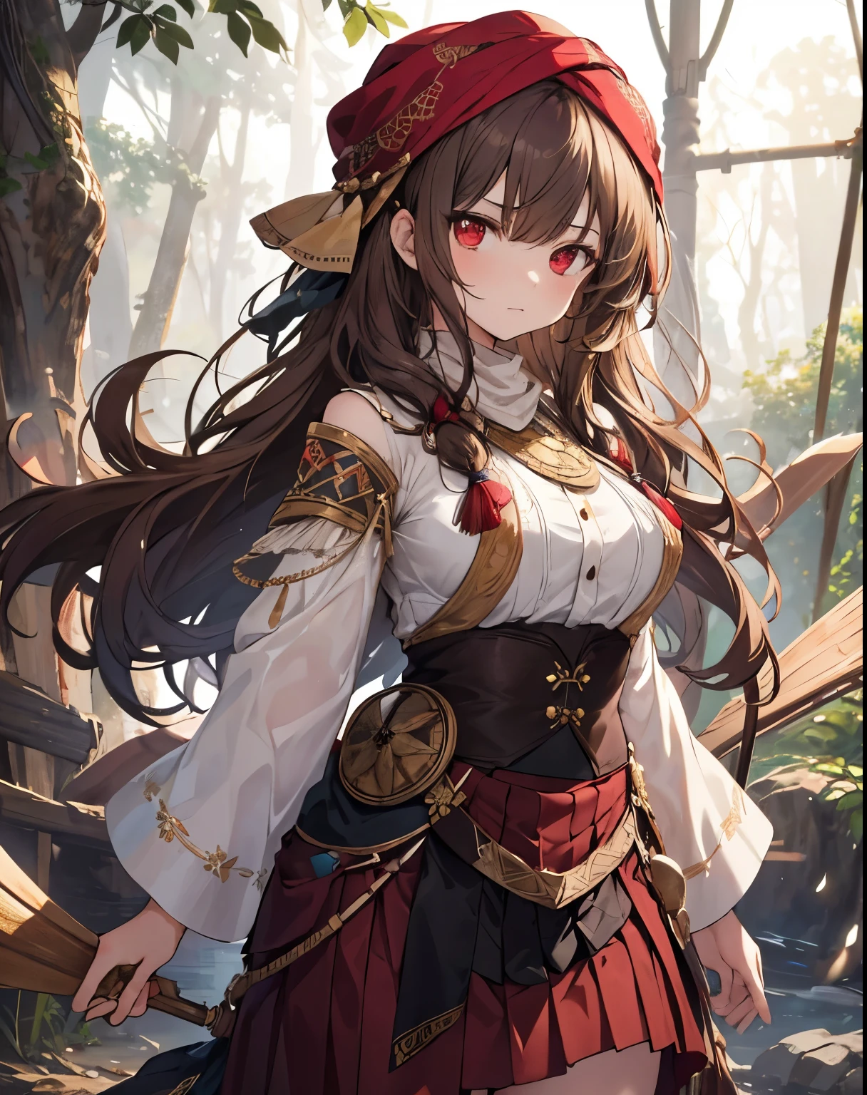 masterpiece, 1girl, sparrow, a brown haired girl, wearing an arabian medieval herbalist clothes, curly medium hair, messy hair, slim body, wearing adventurer clothes, she close her left eye, shirt ornament, angry expression, red eyes, stand at forest, big breasts, batik skirt, pleated skirt, arabian turban