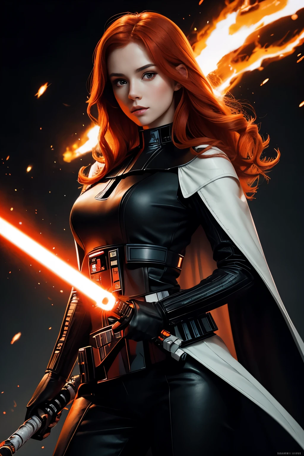 portrait of young woman, beauty, redhead, white skin, black outfit, star wars character, using a dual lightsaber fire orange color