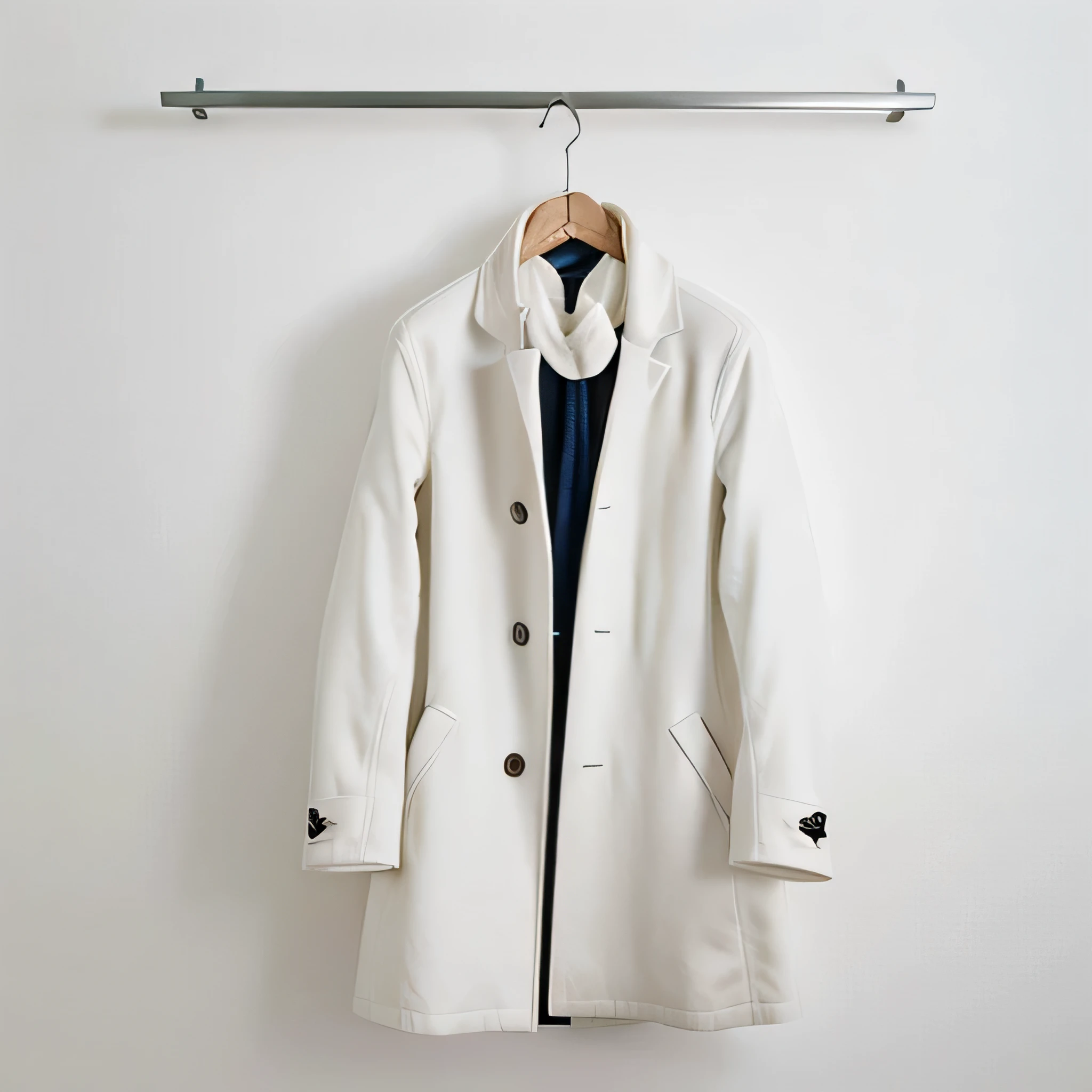 A photography of a hanging white overcoat on a simple white background