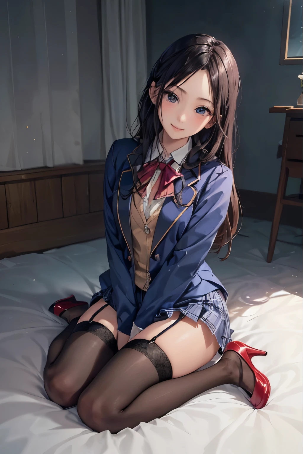 , （(Standing upright with one leg in front of the other)）,(full body shot, full body view), ((cute and symmetrical face)),8k, masterpiece, RAW photo, best quality, photorealistic, extremely detailed CG unity 8k wallpaper,(biologically correct form),(masterpiece:1.2, top-quality), (realistic, photorealistic:1.4), beautiful illustration, (natural side lighting, movie lighting), looking at viewer, ((focus on face)), 1 girl, 25 years old, perfect face, perfect body, shiny skin, beautiful hair, beautiful face, beautiful eyes, beautiful detailed eyes, beautiful body, beautiful , beautiful arms、beautiful thigh, ((beautiful long thin legss)), (small ),blush, (Matching Stiletto heels left and right and same color anklets), (biologically correct form), (lovely smile), (((dark blue blazer, close clothes), white collared shirt, black plaid pleated miniskirt, dark red tie), (black garter stockings))、Bewitching、((Back shot)), shot