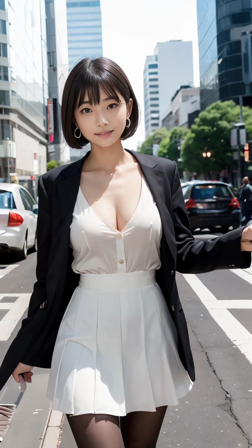 (Surrealism, RAW photo, Incredibly absurd, Nikon, 8k, super detail, masterpiece, intricate details),
(anatomically correct, perfect human body, beautiful and cute face, silky skin, realistic skin),
(, Japanese girl, idle face, Umi Shinonome, slim waist and busty body, Slender legs, large breast, baby face),
((round face, black hair, short bob cut, bangs, Down-slating eyebrows, Moist eyes, Shining eyes, one little earring, light blush)),
(tilt head),
(smile),
(Business suits, mini tight skirt, dress shirt, jacket, business bag, formal suits)
(City sidewalk, Tokyo, luxury buildings, large number of passersby),
Natural lighting, full length, whole body, angle from below