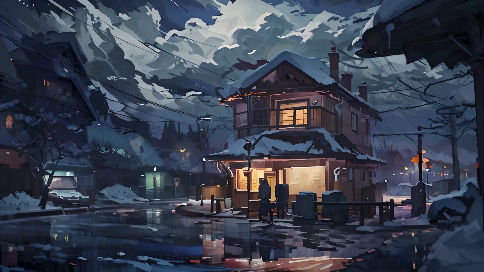 night scene of house with street lights, Stormy weather, dark, anime background art, snowy night, lofi art style, beautiful anime scene