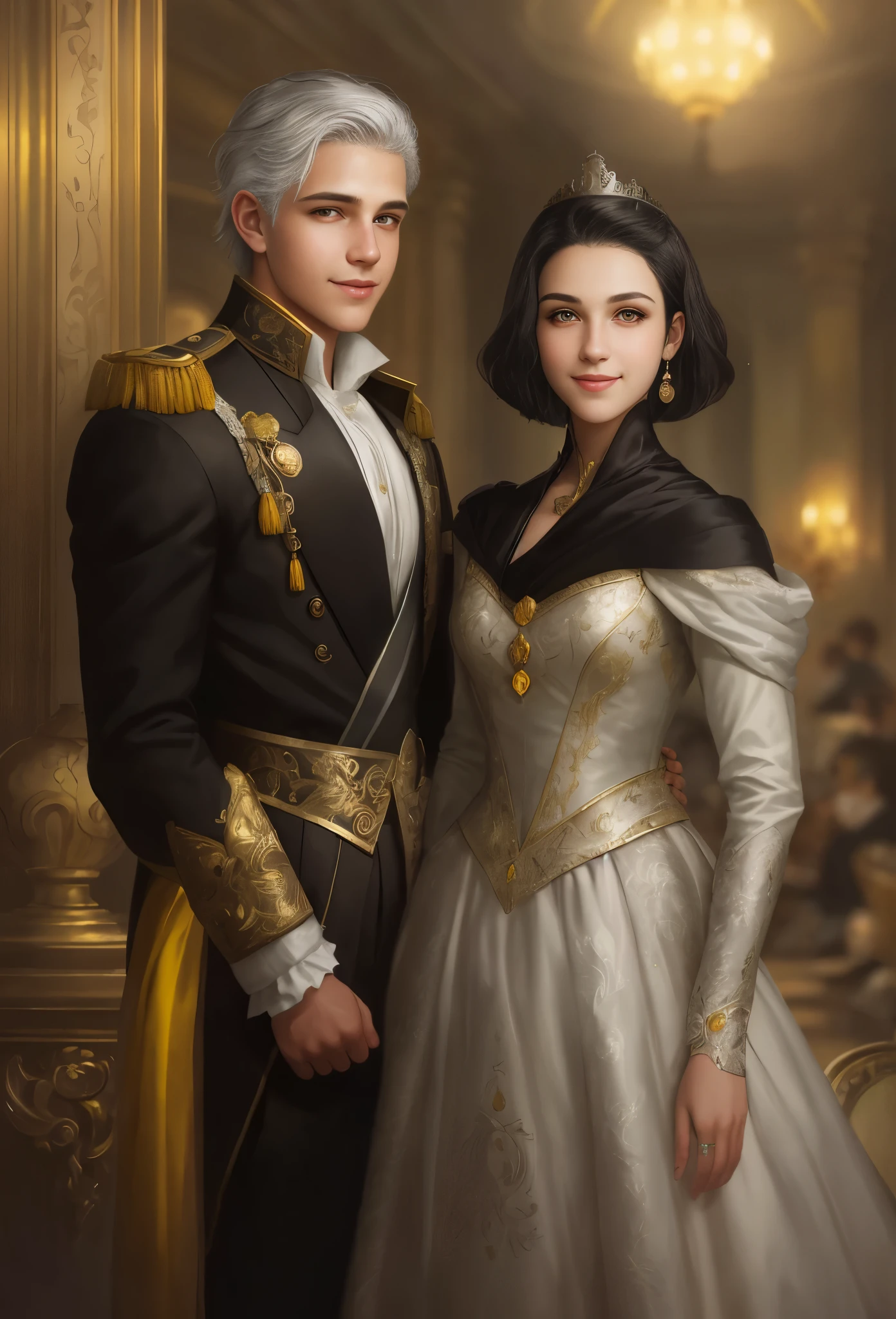 High resolution, portrait, boy and girl with dark hair, 18 years old, light gray hair, short haircut, yellow eyes, smile, crown, portrait, ballroom in the background, realism, fantasy