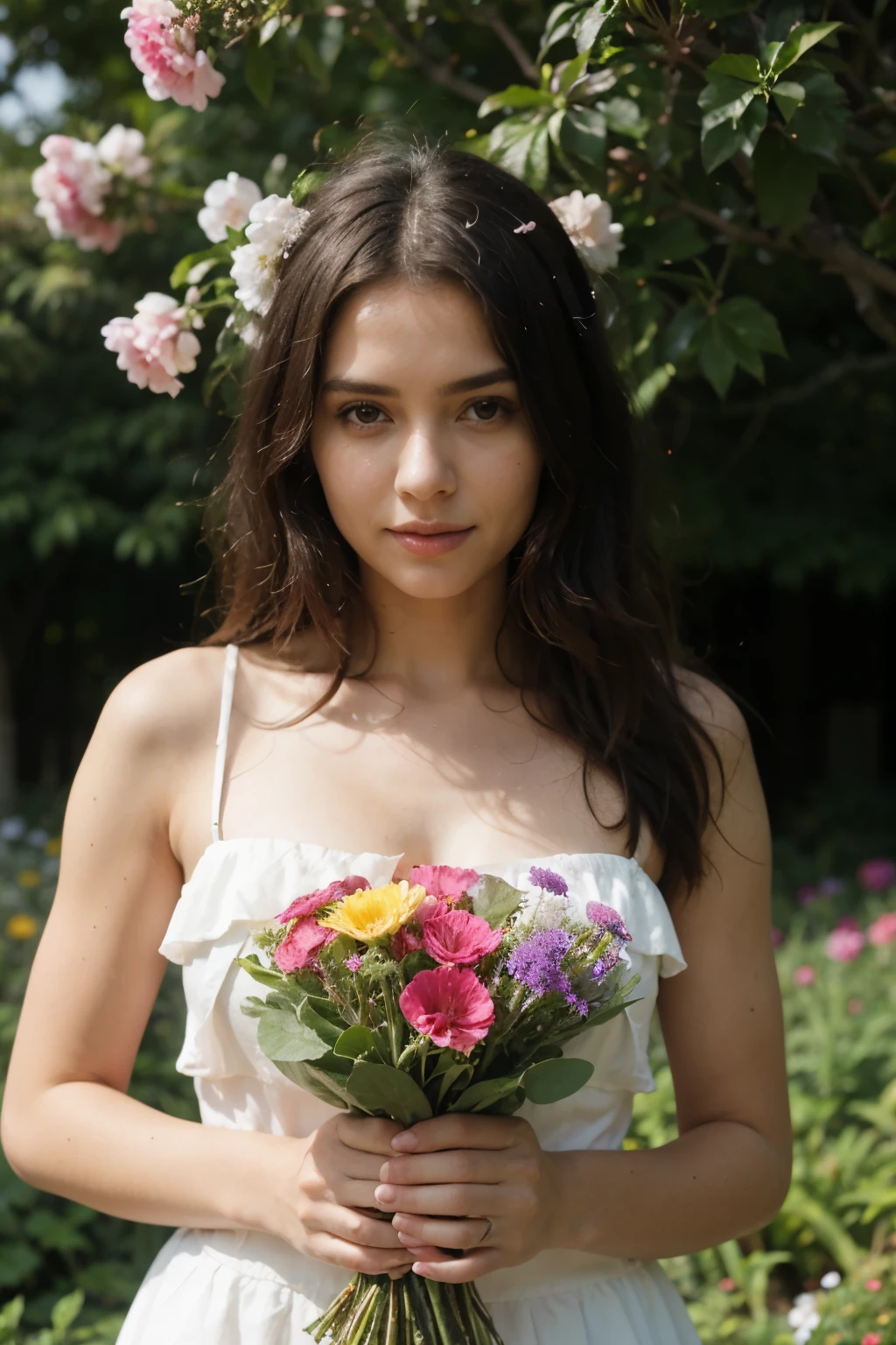 Beautiful woman surrounded by vibrant flowers in lush garden holding bouquet