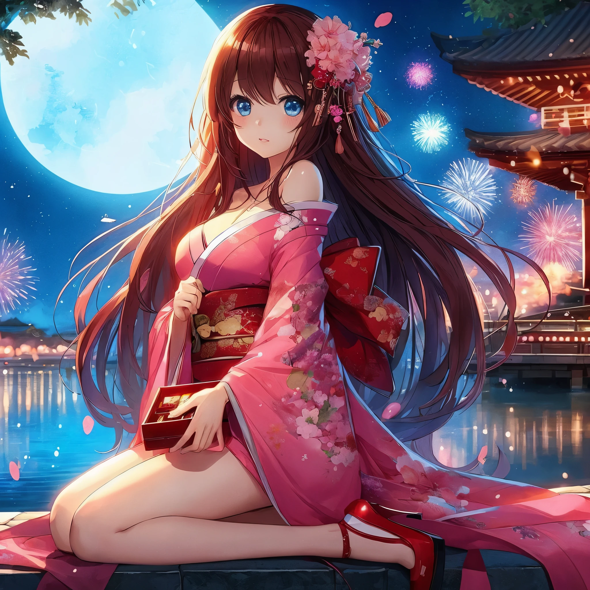 Anime girl in kimono sitting on the wall，Fireworks in the background, anime style 4k, Cute anime waifu wearing beautiful clothes, night nucleus, Beautiful anime girl, hd anime wallpaper, anime wallpaper, Beautiful anime woman, Beautiful anime, 4kanime wallpaper, anime wallpaper4k, anime wallpaper4K, Anime Art Wallpaper 4k