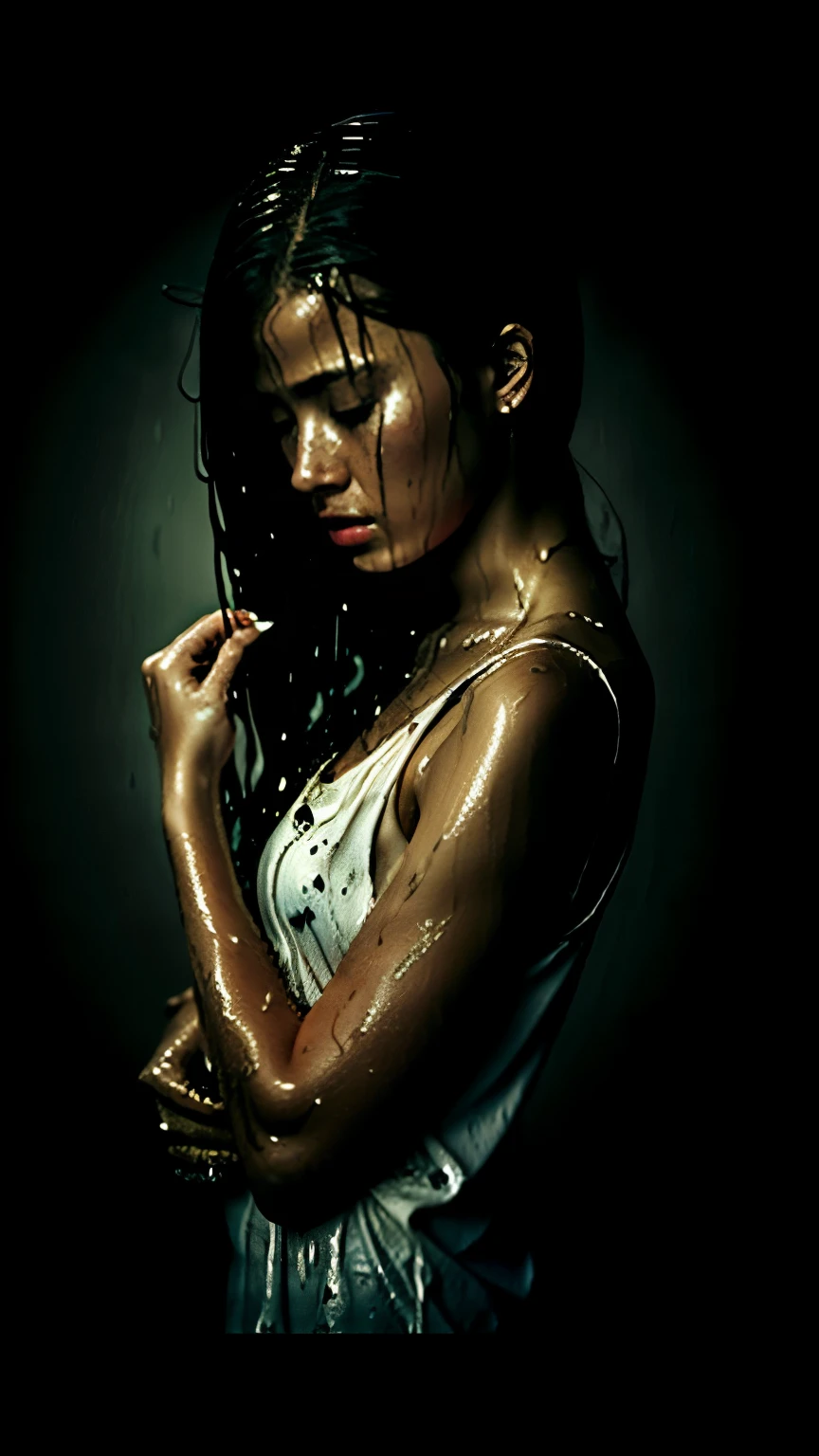 best image quality, masterpiece, ultra high resolution, (fidelity :1.4), photograph, 1 girl,[(sorrow)],white shirt, 薄dark, dark, Desperate, regret, pitiful, cinematic,tear,teardrop,(torn clothes:1.5), (wet clothes:1.4), bare shoulders,real rain,wet hair,..