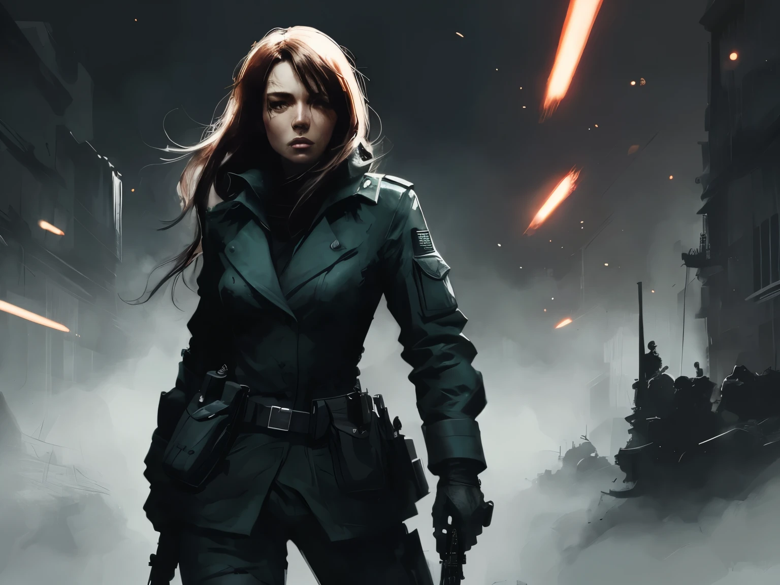 (style of ashley wood), secret agent woman, battlefield