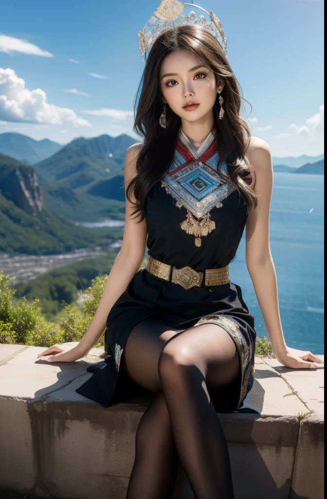 (whole body:1.5)，(1 girl:1.3),(view viewer:1.4)，(anatomically correct:1.4),(Opaque pantyhose:1.3),(sit on the top of the mountain:1.2),(Wearing a Miao dress:1.2),,( pointed toe block heels :1.1),(precise、perfect face shape:1.3),(long legs:1.3),Ultra high quality, Ray tracing, reflected light， Correct structure, Award-winning, high detail, Lighten shadow contrast, facial lighting ，light, masterpiece, Super details, high quality, high detail, best quality, 16k，high contrast,