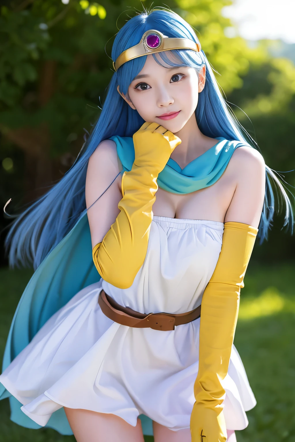 masterpiece、1 beautiful girl、fine eyes、Smile、puffy eyes、highest quality, 超High resolution, (reality: 1.4), movie lighting、Japanese、asian beauty、Korean、super beautiful、beautiful skin、body facing forward、close up of face、upper body close-up,(超reality的な)、(High resolution)、(8k)、(very detailed)、(美しくfine eyes)、(Super detailed)、 (wall-)、detailed face、bright lighting、professional lighting、looking at the viewer、look straight ahead、slanted bangs、Bright light blue hair、Nogizaka Idol、20-year-old、masterpiece, highest quality, Super detailed, shape, sage_(DQ3),long hair, blue hair, circlet, red eyes,small breasts, yellow gloves, white dress, belt, cape, boots,