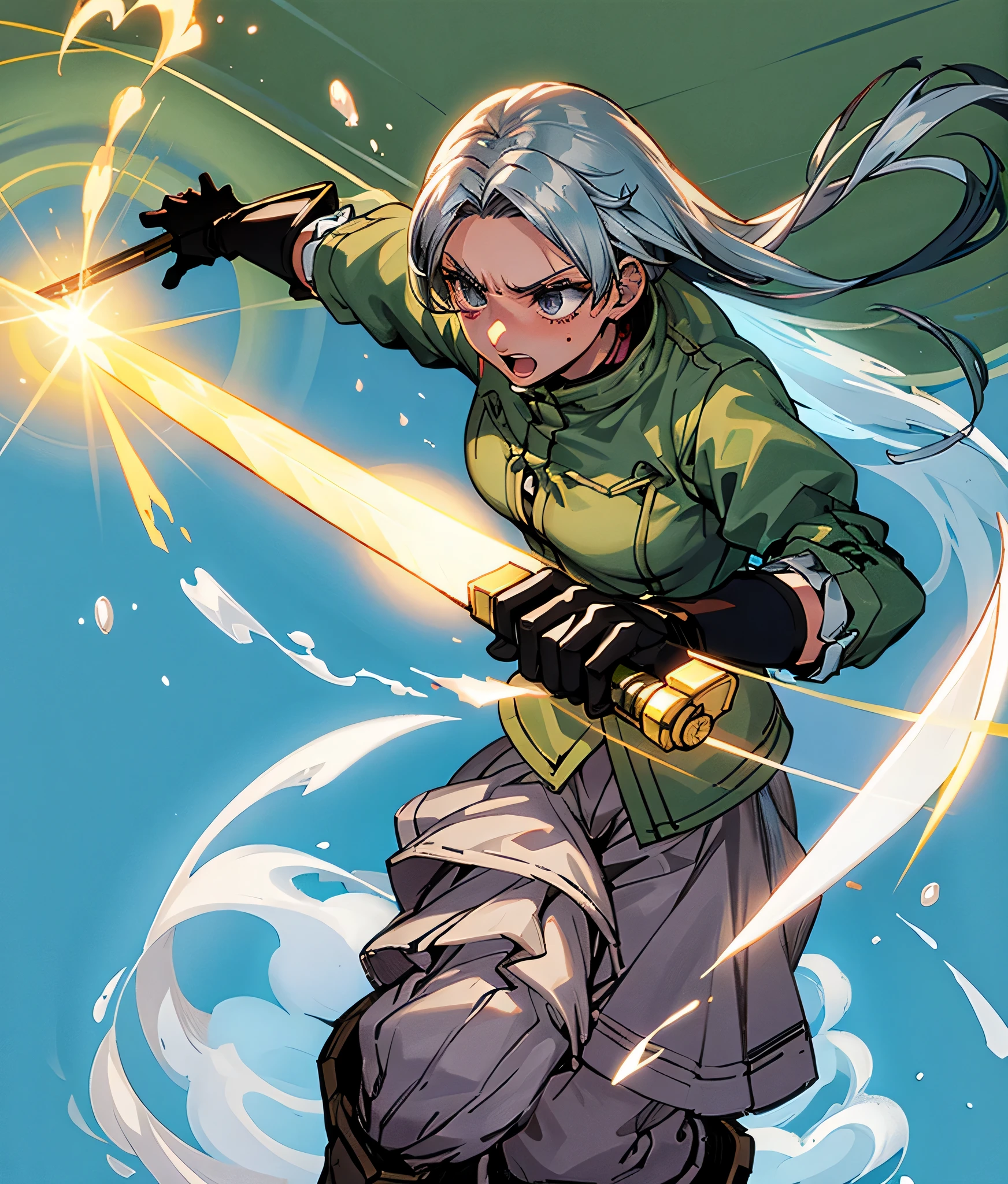 masterpiece, high res, detailed face, detailed eyes, anime screencap, 1 girl, solo,  angry, fighting, sword, water energy, grey hair, grey eyes, long hair, green shirt, brown shorts, high boots, standing, full body, outdoors, hill 