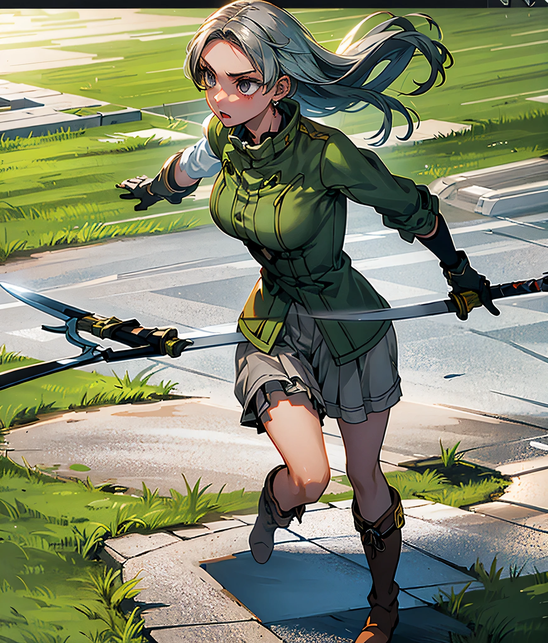 masterpiece, high res, detailed face, detailed eyes, anime screencap, 1 girl, solo,  angry, fighting, sword, water energy, grey hair, grey eyes, long hair, green shirt, brown shorts, high boots, standing, full body, outdoors, hill 