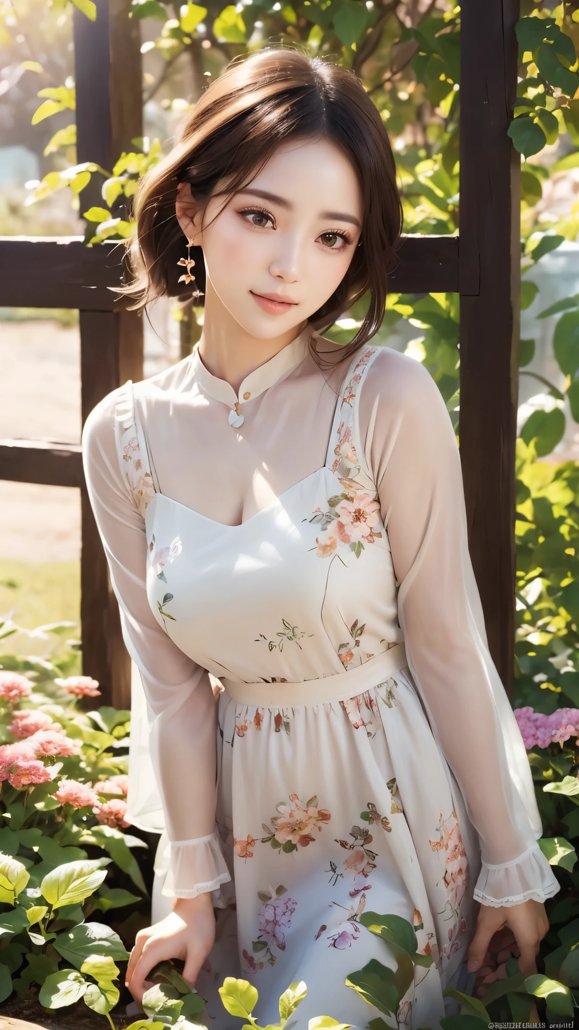 (((sfw:1.5)))、A girl in a garden, transparent, blending into the background, medium:oil painting, detailed eyes, detailed lips, extremely detailed face, long eyelashes, natural beauty, peaceful atmosphere, floral surroundings, soft sunlight, warm color tones, highres, vivid colors, bokeh、