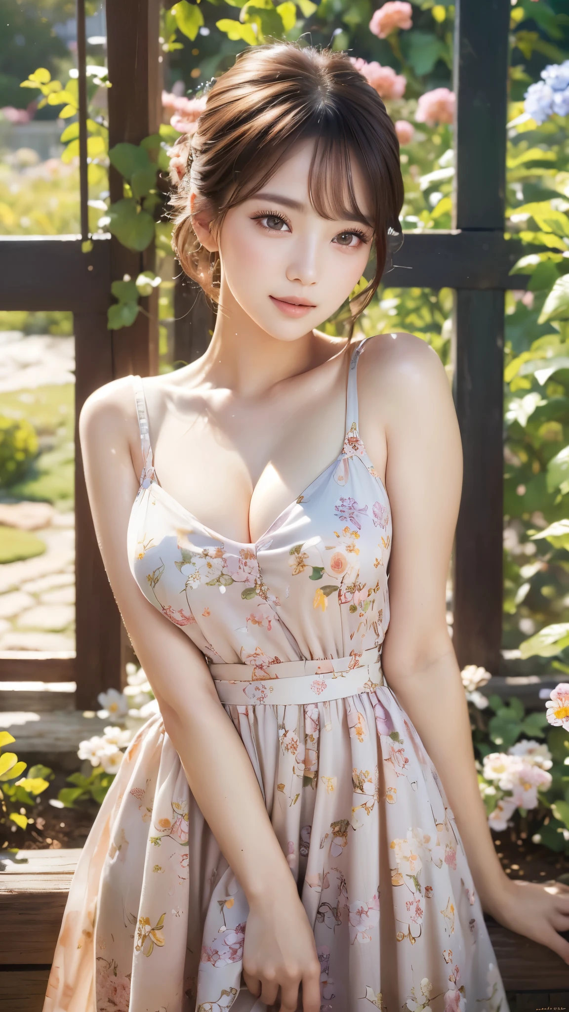  (((sfw:1.5)))、A girl in a garden, transparent, blending into the background, medium:oil painting, detailed eyes, detailed lips, extremely detailed face, long eyelashes, natural beauty, peaceful atmosphere, floral surroundings, soft sunlight, warm color tones, highres, vivid colors, bokeh、