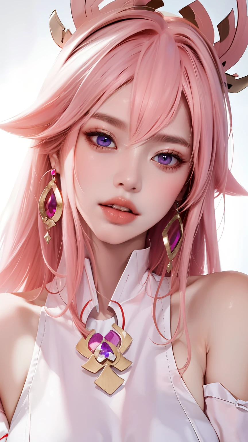 (masterpiece:1.3), (8k, Realism, original photography, Top image quality: 1.4), Japanese high school girl、(pink hair,headgear,long hair:1.2)、Big breasts:1.2、Lactation 1.2. Breasts are too large、round buttocks、Fully understand、Super detailed face、Eye for details、double eyelids、Purple eyes?,chest together、sharp focus:1.2、beautiful woman:1.4、pink hair、top quality、masterpiece、ultra high resolution、(Realism:1.4)、Highly detailed and professional smile、Loose and lightweight knitwear、shoulders outward、thin and long、serious expression、Long hair details、fatal position、blush,Charming expression,Confused,Open your mouth wide,tongue sticking out,There is liquid on the tongue,A large amount of liquid flows from the corner of the mouth,There is white unknown liquid on the face