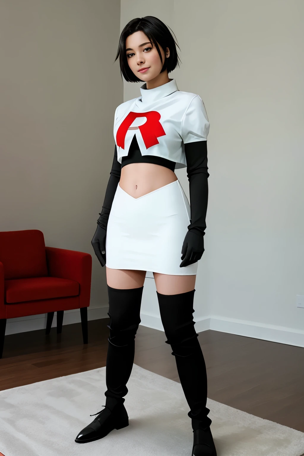 masterpiece,(best quality:1.2),girl,haircut,team rocket,team rocket uniform,white skirt,red letter R,crop top,black thigh-highs,black elbow gloves,