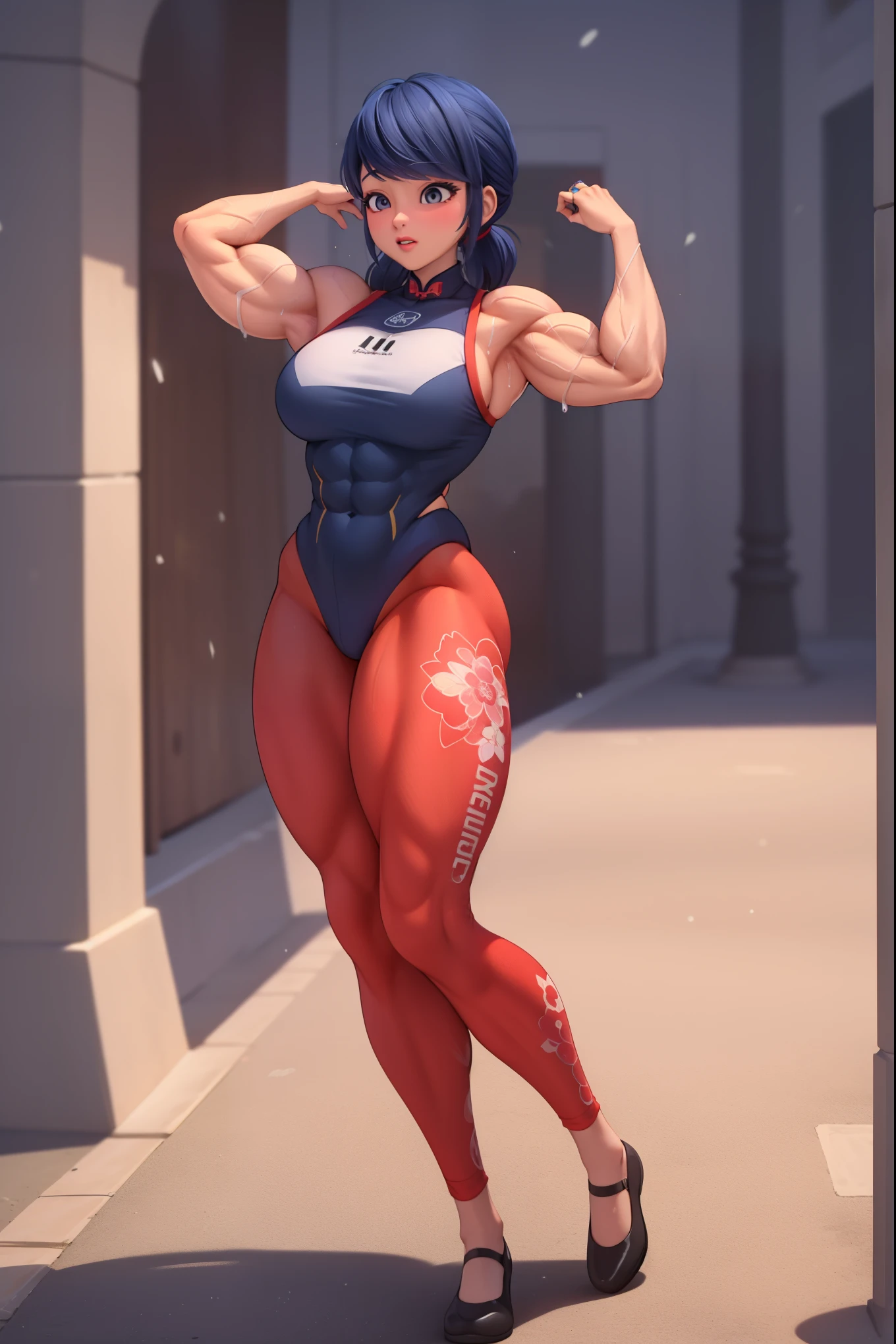 (masterpiece, best quality:1.2), 1girl, solo,dark blue hair,gray eyes, she wear's a white Cheongsam with a red, black and gold plant design, periwinkle pants and black and white dress shoes. She wears a silver band on her ring finger.muscular female bodybuilder, oil painting, strong and defined muscles, intense expression, confident pose, gym backdrop, sweat glistening on her skin, veins bulging, toned physique, powerful presence, professional lighting, vibrant colors, realism, extreme detail description, sharp focus, (best quality, 4k, highres, masterpiece:1.2), physically-based rendering, bodybuilding competition, intense workout, determination, dedication, muscular symmetry, fitness journey, weightlifting, athletics, ultra-fine painting, vibrant energy, bokeh, dynamic composition.