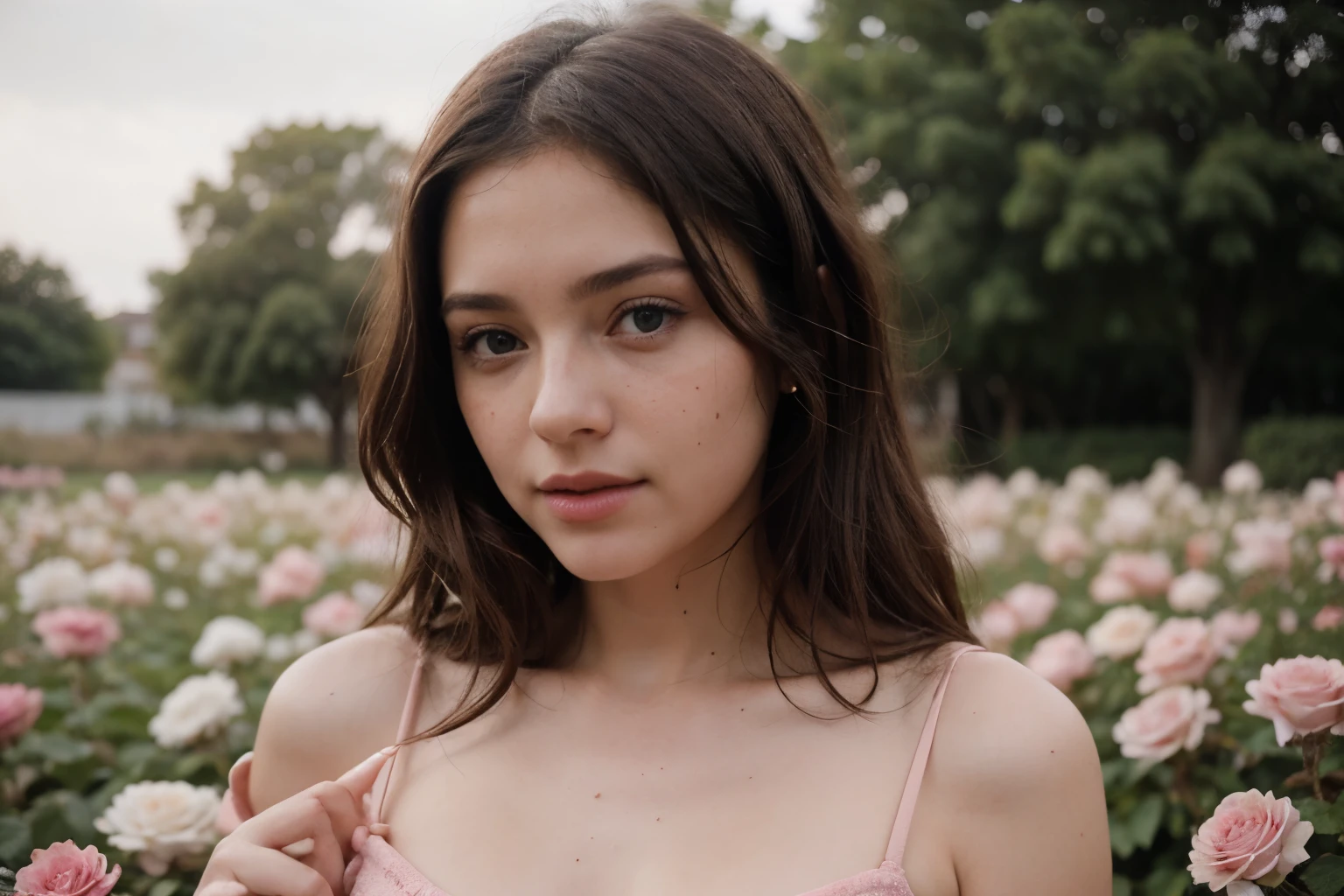 8k, Foto RAW, Fujifilm, Style photography of a beautiful young girl like Avril in a light pink rose garden. freckles, (Piel altamente detallada: 1.2) Estilo-Petal BREAK pelo corto, cabello rubio con mechones de colores, usando un vestido, granulation of the film that makes everything transparent,se esta mordiendo los labios y se esta tocando un seno sensualmente, 35mm, Estilo lindo