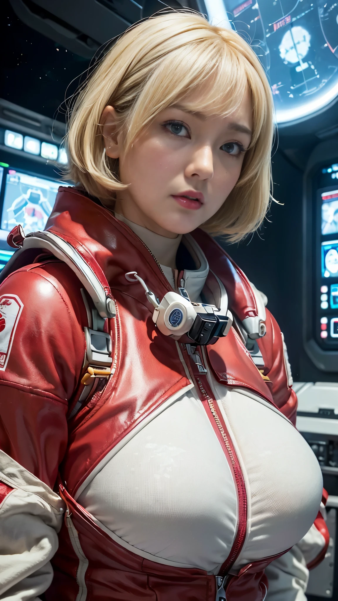 (hyper real)、future female pilots、
Huge　Beautiful woman　High level image quality　High resolution　realistic　short hair　blonde、　blondeの女性、mature woman、middle-aged women、((big big skin texture、超High resolution、realistic、Chubby body type、angry face、beauty of middle age、beautiful expression、Detailed green ironed fluffy hair、Kamimei、Very delicate and delicate skin texture、３５A woman piloting a giant space station)、female pilot batlight red lips、((wear a red flight suit))、(((alone)))、