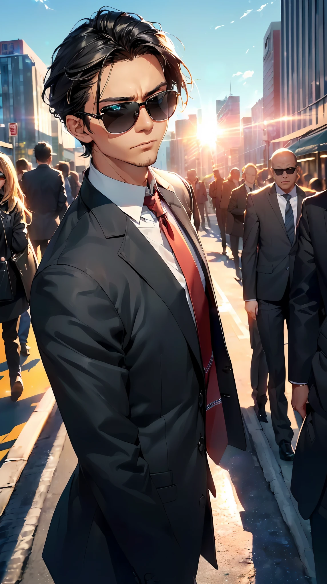 (8k, RAW photo, 最high quality, masterpiece:1.2), High-definition RAW color photo, Professional photo shoot, cinematic light, alone, (((male, Secret Agent))), (detailed expression), (sharp eyes), (Thin macho), (high detail skin:1.2), 無骨なmale, beautiful muscles, dynamic angle, dynamic pose, (blonde, sunglassesで目を隠します), very detailed肌と筋肉の質感, fine eyes, (((nervous, serious expression))), ((facing the front:1.2)), (natural posture:1.5, セクシーなmale)), (((slim black suit, sunglasses, tie), ((Downtown, downtown background:1.5, magic hour)), Are standing:1.2, beautiful skin, shiny skin, perfect fingers, five fingers, anatomically correct, background bokeh, high quality, surreal, bright colors, ((Nikon, 500㎜, f/4, lens flare, very detailed, photo shoot)),
