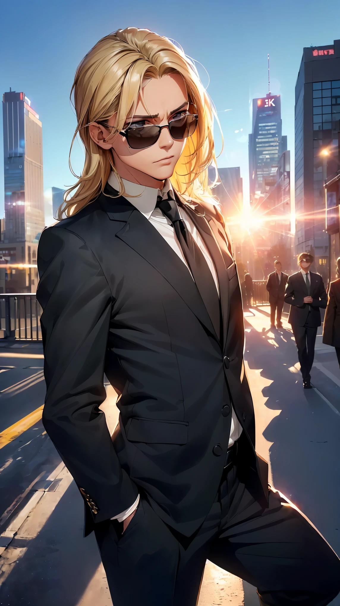 (8k, RAW photo, 最high quality, masterpiece:1.2), High-definition RAW color photo, Professional photo shoot, cinematic light, alone, (((male, Secret Agent))), (detailed expression), (sharp eyes), (Thin macho), (high detail skin:1.2), 無骨なmale, beautiful muscles, dynamic angle, dynamic pose, (blonde, sunglassesで目を隠します), very detailed肌と筋肉の質感, fine eyes, (((nervous, serious expression))), ((facing the front:1.2)), (natural posture:1.5, セクシーなmale)), (((slim black suit, sunglasses, tie), ((Downtown, downtown background:1.5, magic hour)), Are standing:1.2, beautiful skin, shiny skin, perfect fingers, five fingers, anatomically correct, background bokeh, high quality, surreal, bright colors, ((Nikon, 500㎜, f/4, lens flare, very detailed, photo shoot)),