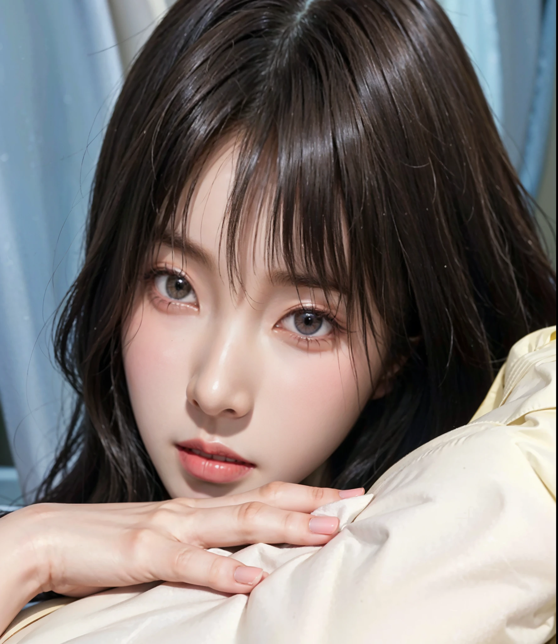 Arafed Asian woman with long brown hair and bangs lying on a pillow, Lalisa Manobal, ulzzang, she has black hair con flequillo, chiho, shikami, Lalisa Manoban de Blackpink, el corte de hime, con flequillo, jinyoung shin, neat hair con flequillo, con flequillo completo, jaeyeon nam, flequillo esponjoso, ive wonyoung, ive wonyoung