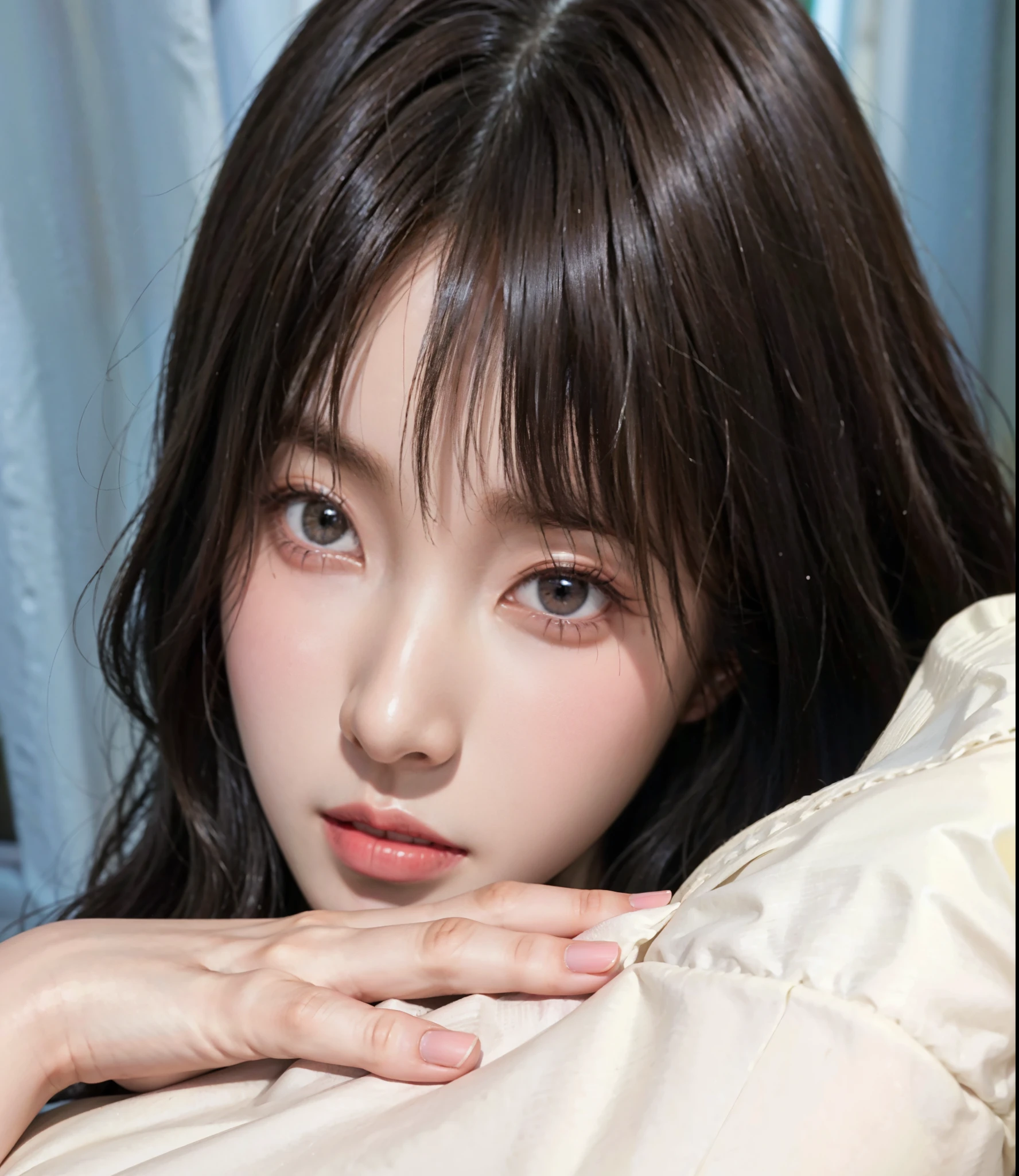 Arafed Asian woman with long brown hair and bangs lying on a pillow, Lalisa Manobal, ulzzang, she has black hair con flequillo, chiho, shikami, Lalisa Manoban de Blackpink, el corte de hime, con flequillo, jinyoung shin, neat hair con flequillo, con flequillo completo, jaeyeon nam, flequillo esponjoso, ive wonyoung, ive wonyoung