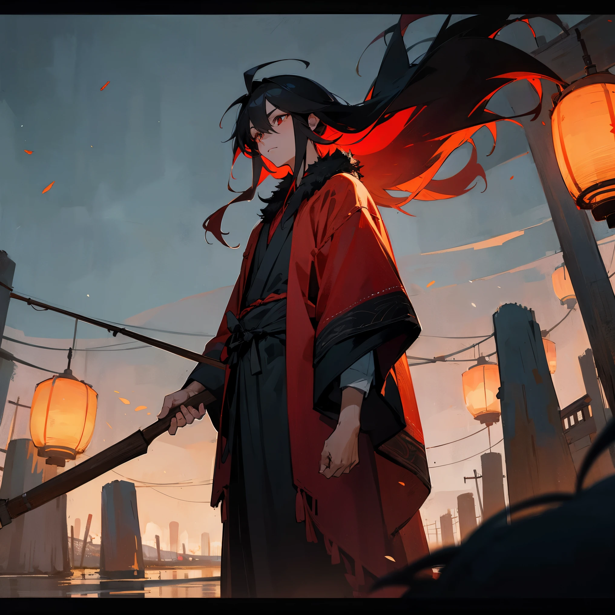 1male, adult, finely detailed red eyes, long messy black hair, red fur poncho, peasant clothing, night time, standing on path, forest, night, lanterns, fishing village