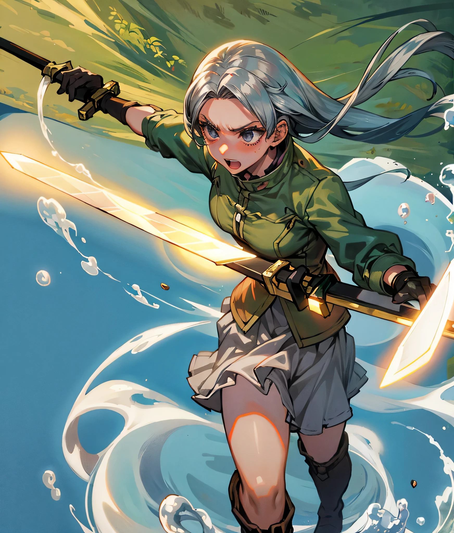 masterpiece, high res, detailed face, detailed eyes, anime screencap, 1 girl, solo, angry, fighting, sword, water energy, grey hair, grey eyes, long hair, green shirt, brown shorts, high boots, standing, full body, outdoors, hill
